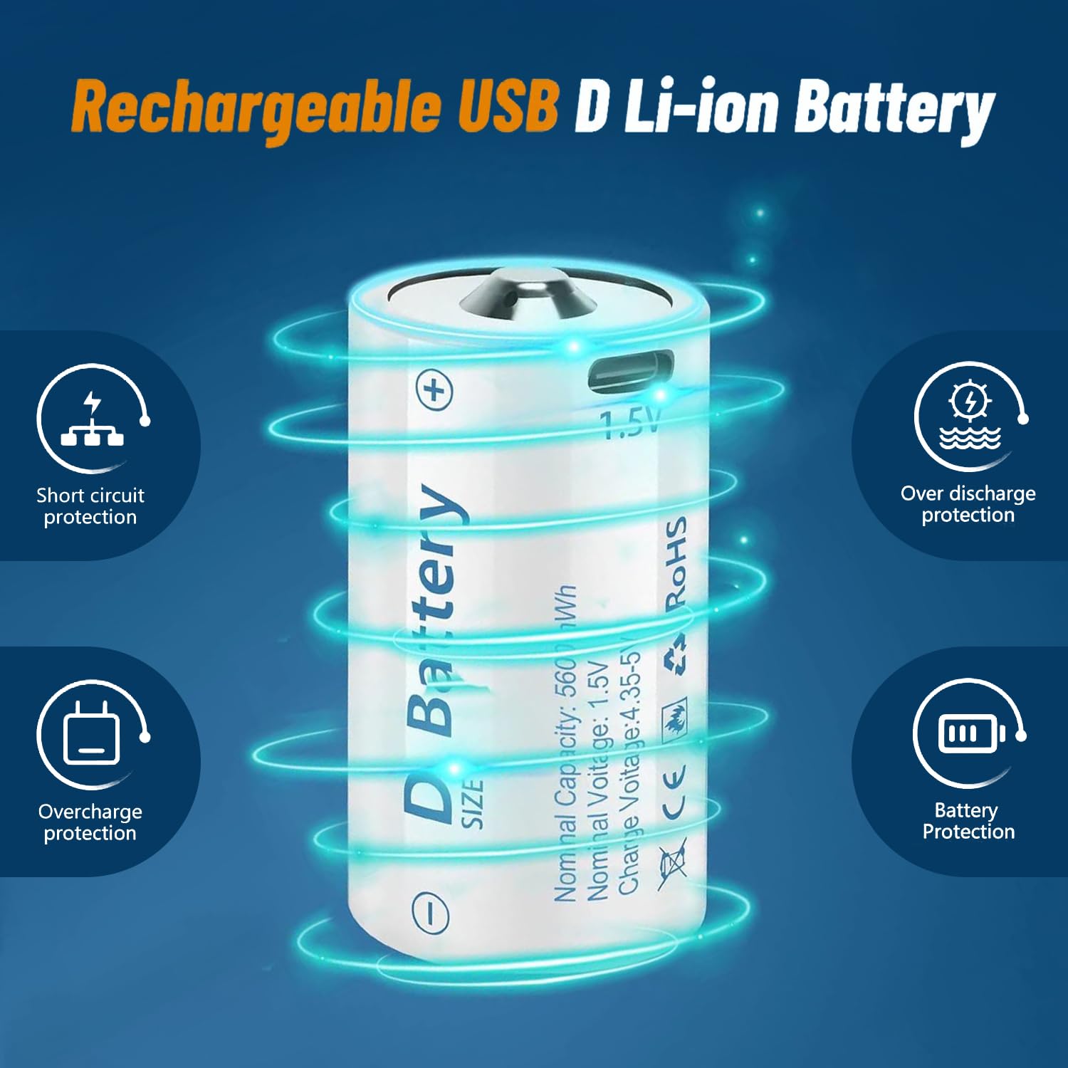 4 Pack D Cell Lithium Batteries 5600mWh - USB-C Rechargeable D Batteries with 4-in-1 Charging Cable - 1.5V Long Lasting D Cell Battery for Flashlights, Toys, Floodlights & Emergency Power Supply