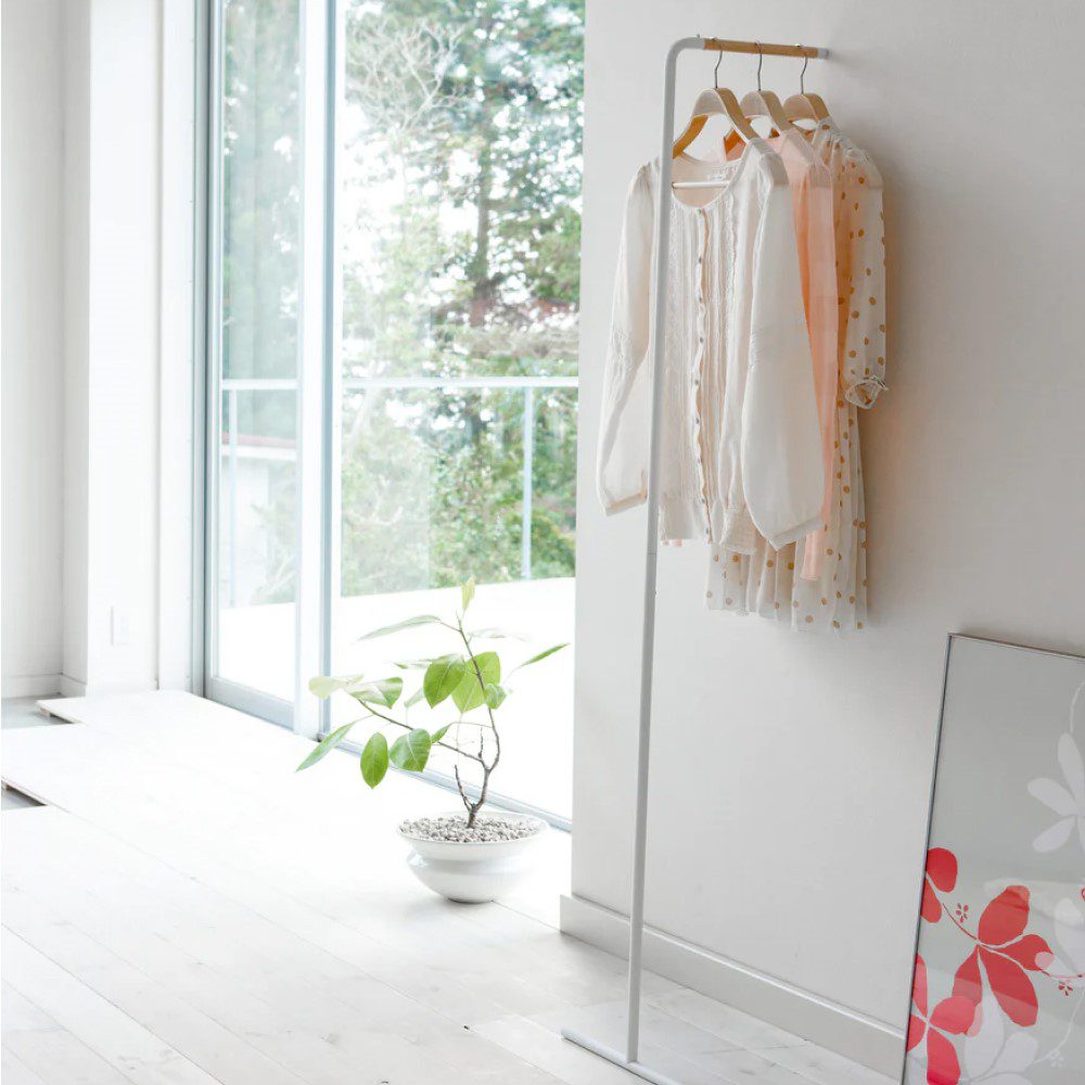 YAMAZAKI White Tower Leaning Coat Hanger Rack - Space Saving Entryway Organizer for Jackets, Hats & Bags | Perfect for Small Apartments & Closet Organization