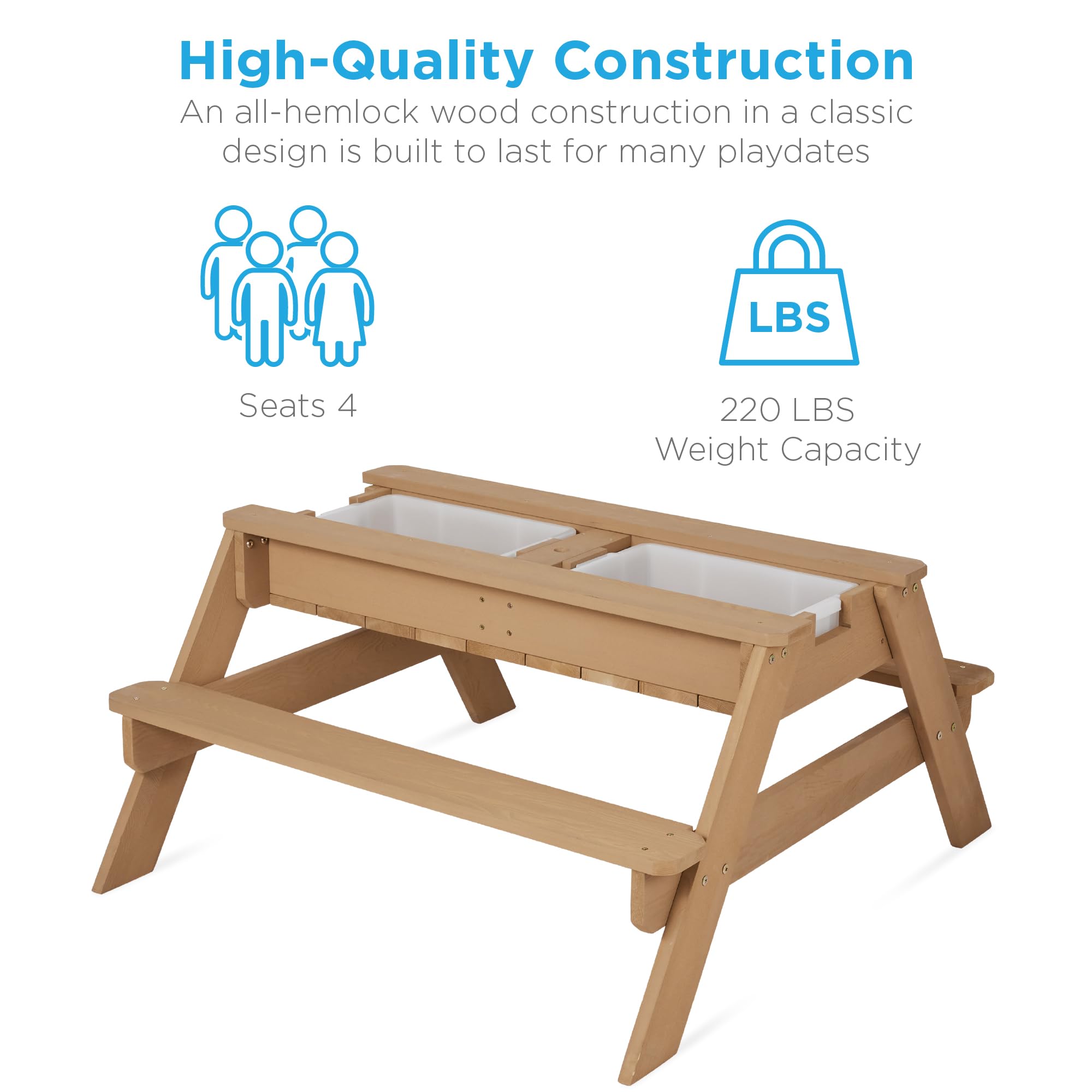 Best Choice Products Kids 3-in-1 Sand & Water Table with Convertible Picnic Top - Wooden Outdoor Activity Table with Umbrella, 2 Storage Trays & 220lb Weight Capacity - Perfect for Backyard Play, Beach Fun & Outdoor Dining (Navy Blue)