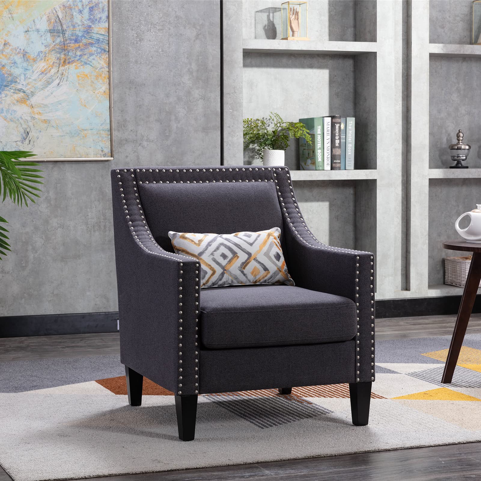 LEAQU Modern Accent Chair - 2022 New Linen Fabric Armchair with Elastic Back & Fine Stitching, Soft Tub Chair for Bedroom, Living Room, Home Office - Black Decorative Lounge Chair for Relaxing & Reading