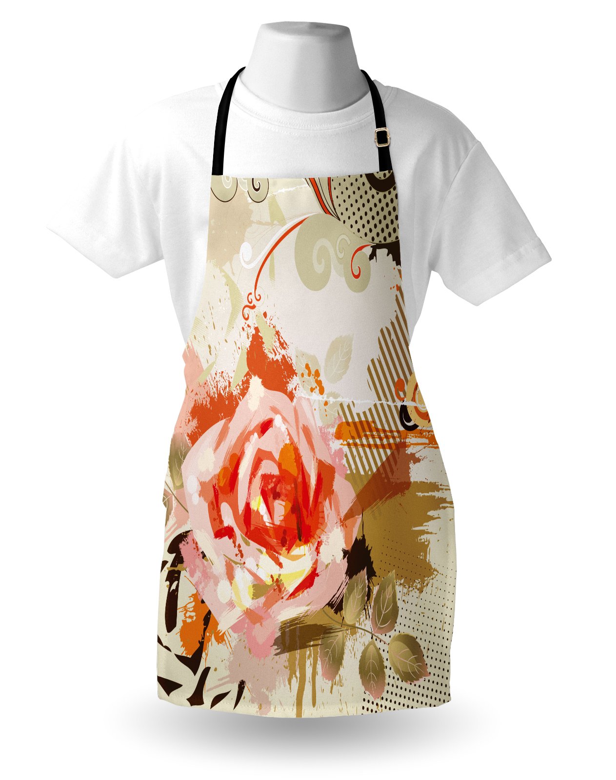 Ambesonne Unisex Kitchen Apron - Adjustable Bib Apron with Abstract Rose & Floral Retro Design for Cooking, Baking, Gardening | Khaki Orange Pink Pattern | Perfect for Home Chefs, BBQ Parties & Crafting