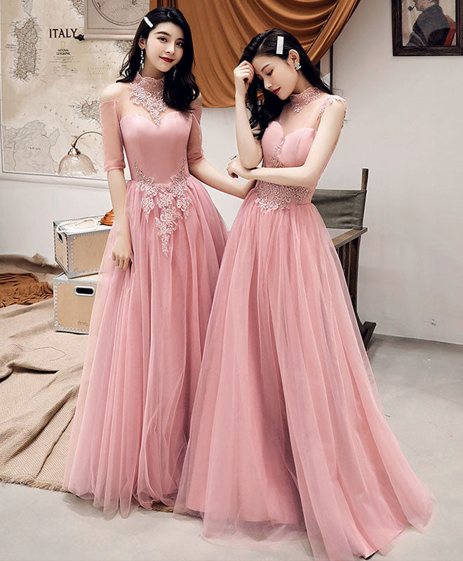 Elegant Pink Tulle Lace Long Prom Dress & Bridesmaid Gown - Perfect for Formal Dances, Weddings & Special Occasions
