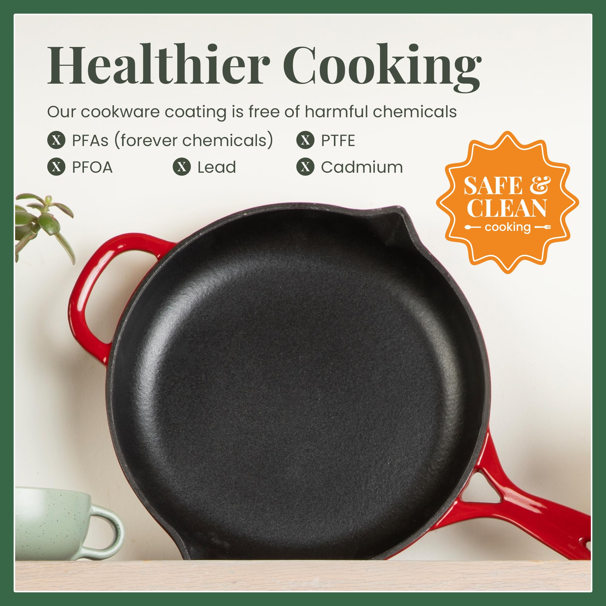 Premium Enameled Cast Iron Skillet 10.25 Inch - Oven Safe to 500°F - Nonstick Enamel Coating - Pour Spouts - Works on All Cooktops (Gas, Electric, Induction) - Perfect for Searing, Frying, Baking & Stovetop-to-Oven Cooking - Elegant Cabernet Red Color