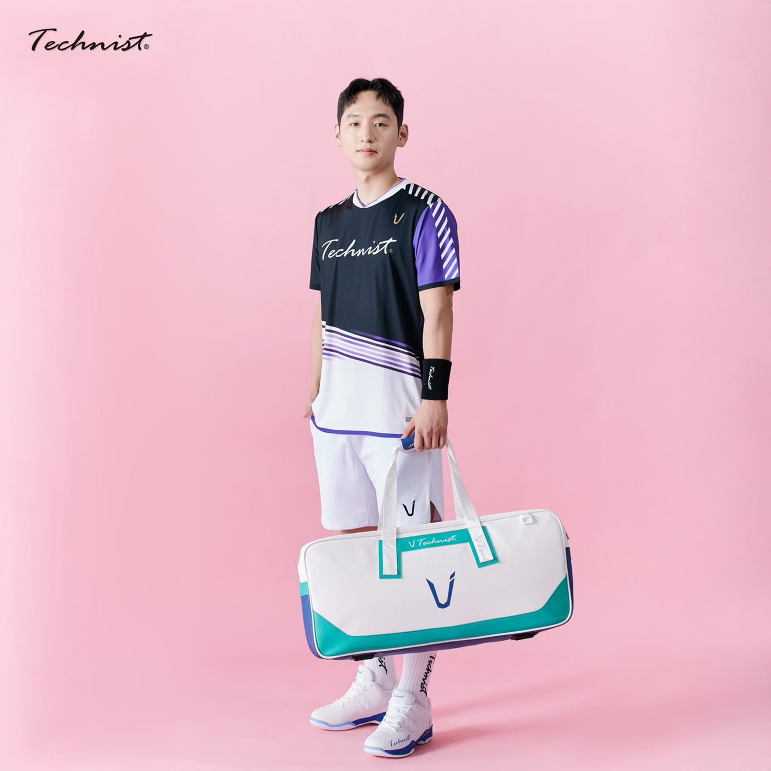 Technist TNB54119 Tennis Racket Bag - Durable Sports Racquet Holder for Tennis, Badminton, Squash - Lightweight & Water-Resistant (White/Navy/Green) - Perfect for Court, Gym & Travel