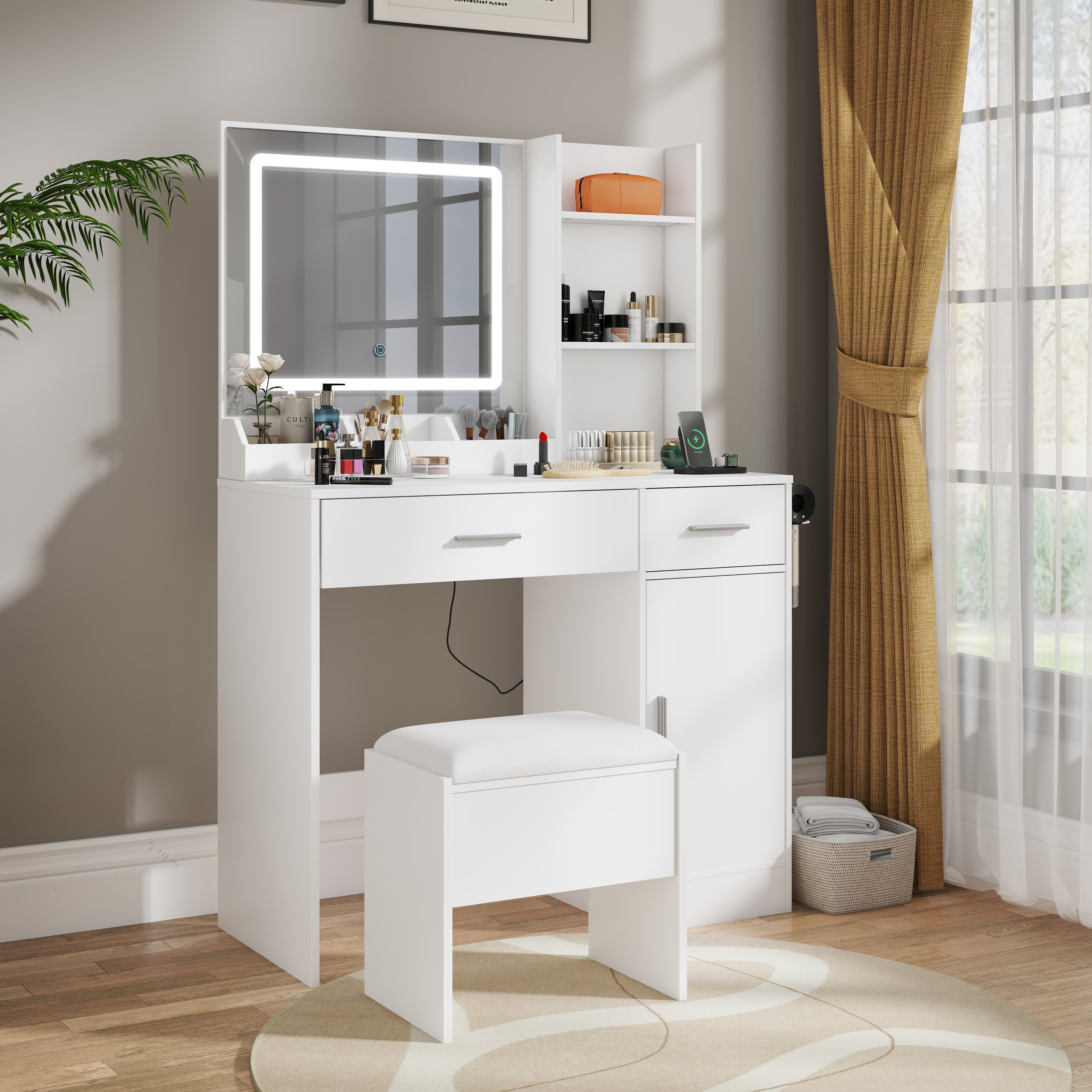 Roundhill Furniture Lavin Makeup Vanity Set with LED Light Mirror & Charging Station - White Vanity Desk & Stool for Bedroom, Dressing Room & Beauty Salon | Modern Makeup Table with Storage & USB Ports