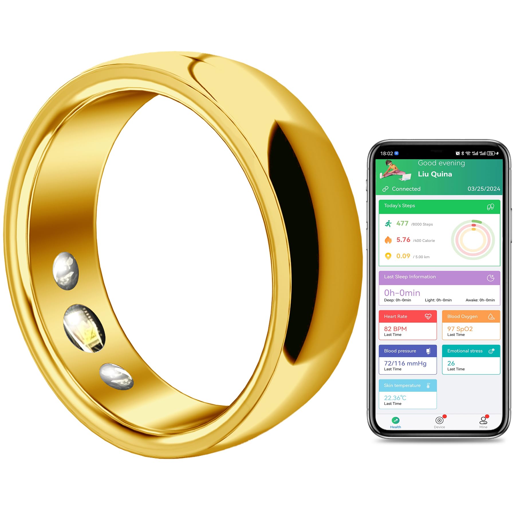 AQCQOOA Smart Ring Health Tracker - Fitness & Sleep Monitor with Blood Pressure, Heart Rate & Step Tracking for Men & Women | Wireless Charging | Gold Size US-7 | Perfect for Workouts, Sleep Analysis & Daily Health Monitoring