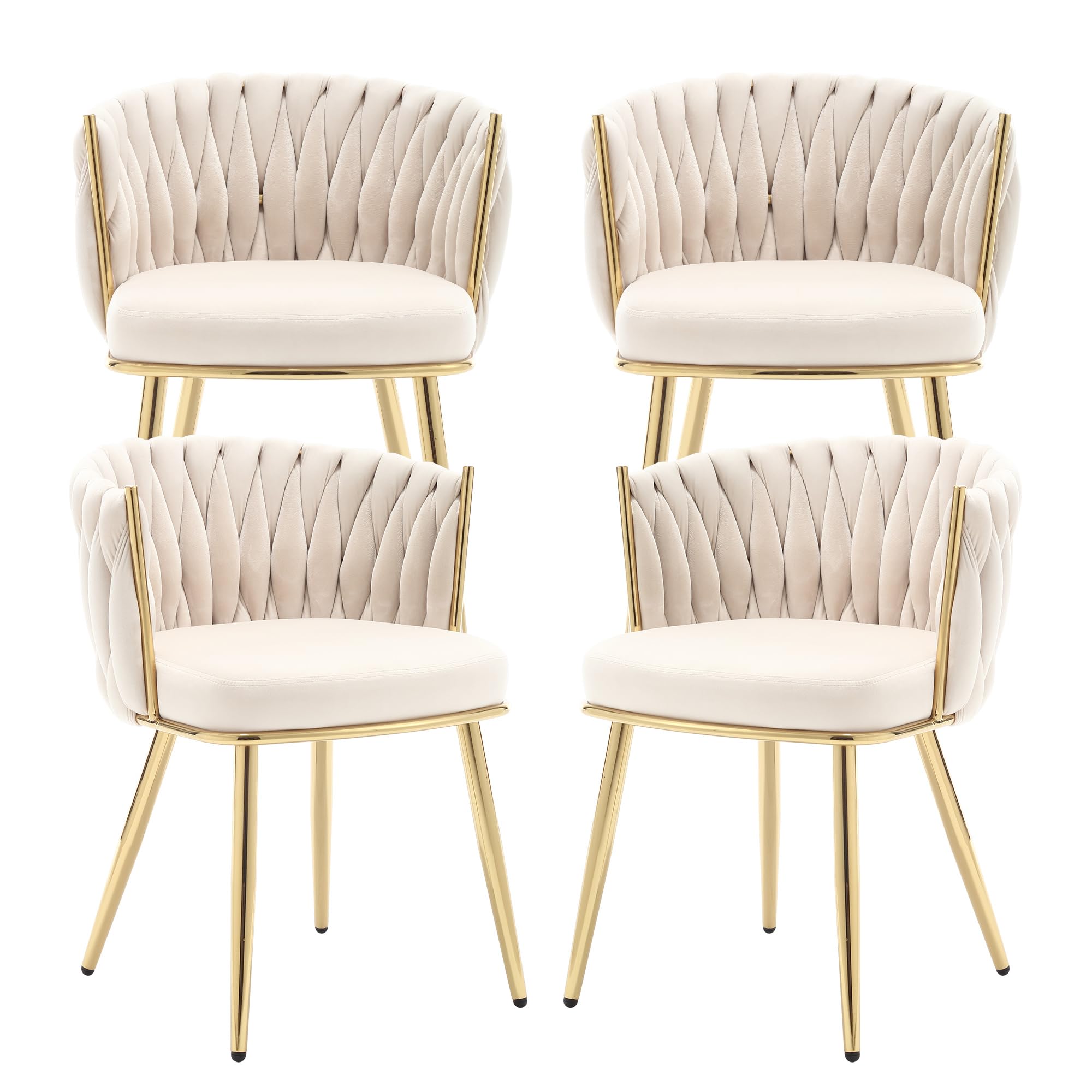 KCC Velvet Dining Chairs Set of 4 - Modern Gold Upholstered Chairs with Sturdy Metal Legs & Woven Fabric for Dining Room, Kitchen, Living Room - Elegant Beige Seating for Home Decor & Entertaining