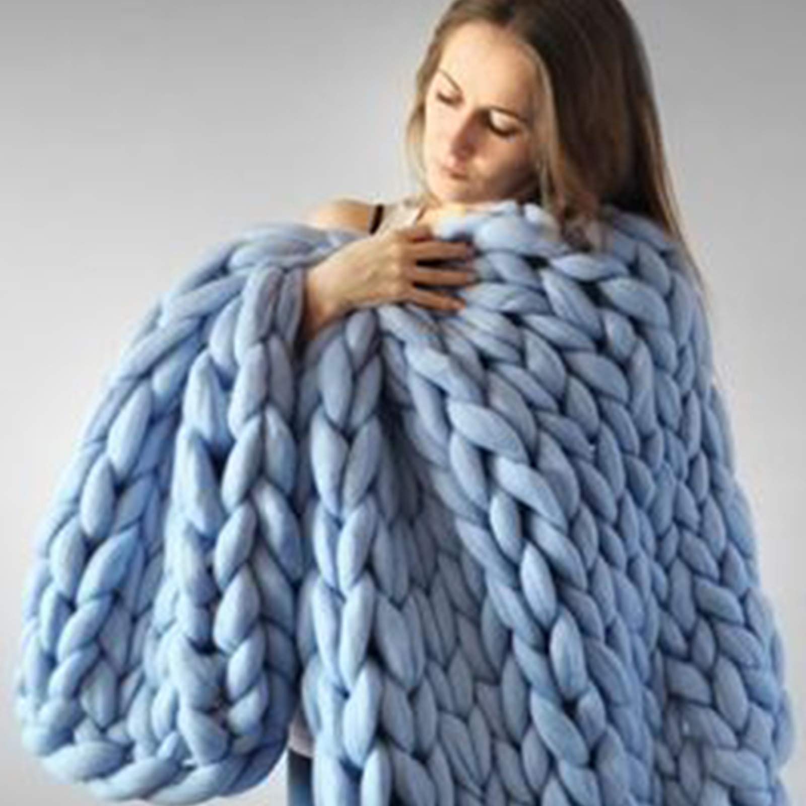 Chunky Knit Blanket Throw - Sky Blue Handmade Soft Bulky 6cm Wide Knitted Roving Warm Blanket for Bedroom, Sofa, Chair & Pet Mat (32x40 Inches) - Cozy Home Decor & Winter Warming Gift Idea