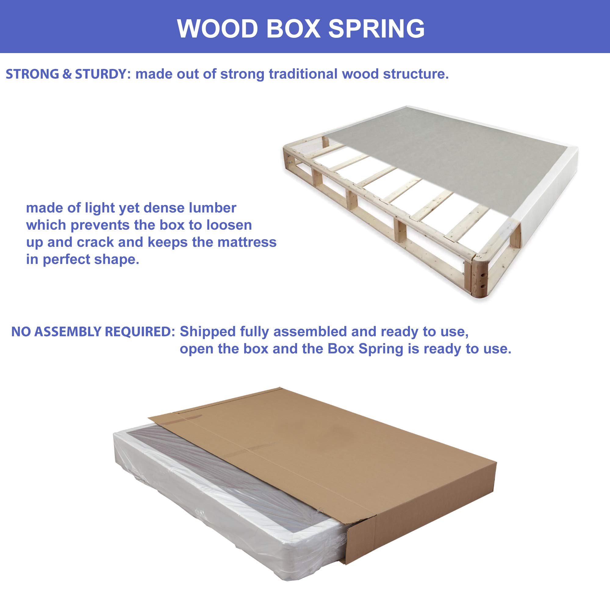 Queen Size White Wooden Box Spring Foundation with Coil Support for Mattresses - Perfect for Bedroom, Guest Room & Dormitory Use
