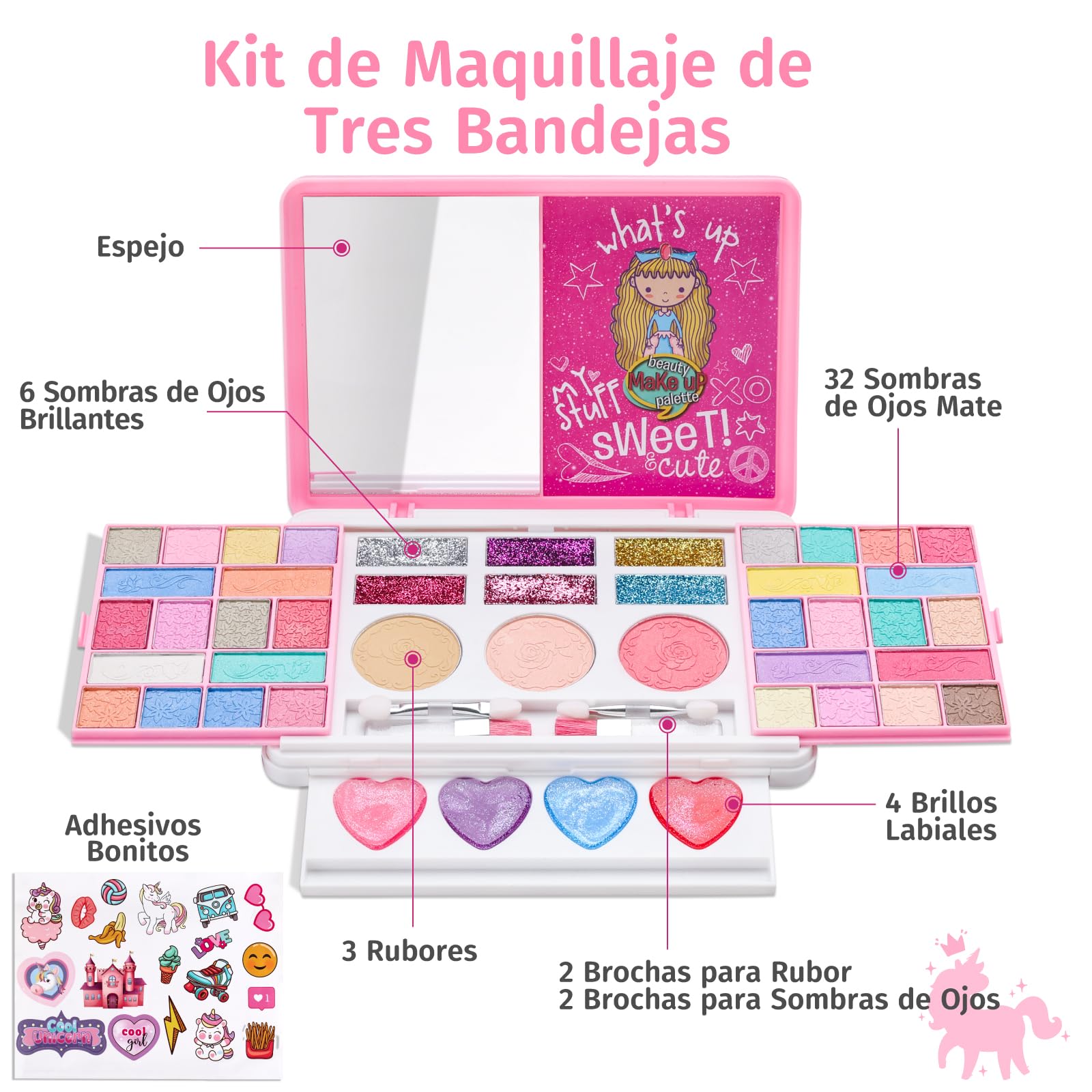 **Anpro Kids Makeup Set - Safe & Washable Makeup Kit for Girls with Mirror & Stickers - Perfect Birthday Gift for Ages 3-10 - Pretend Play, Dress Up & Party Fun**