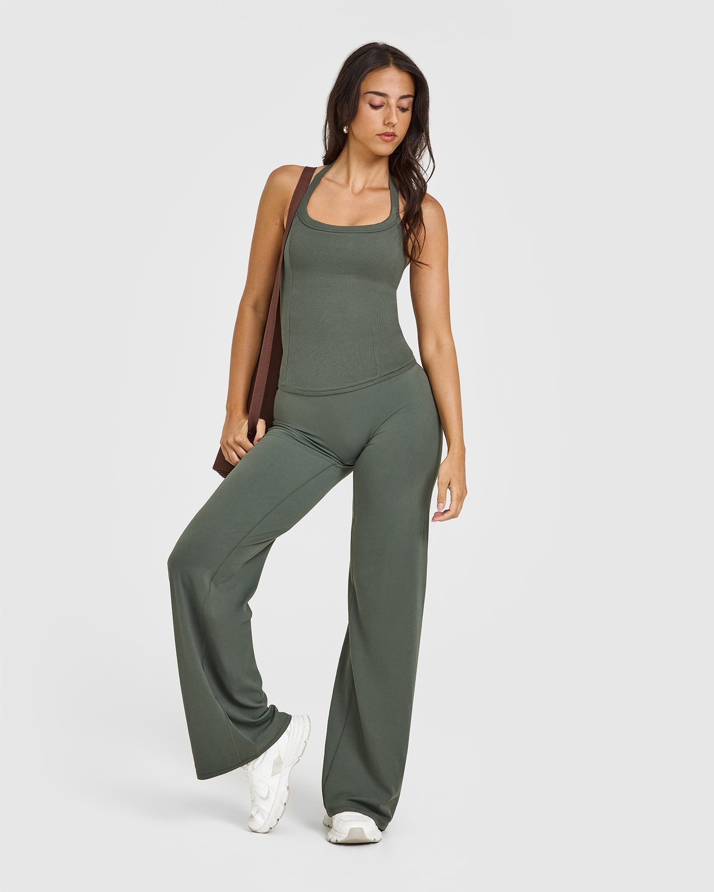 Mellow™ Rib Halter Neck Vest with Built-in Bra Shelf - Dark Khaki | Women's Fashion Top for Summer, Beach, Yoga & Casual Wear