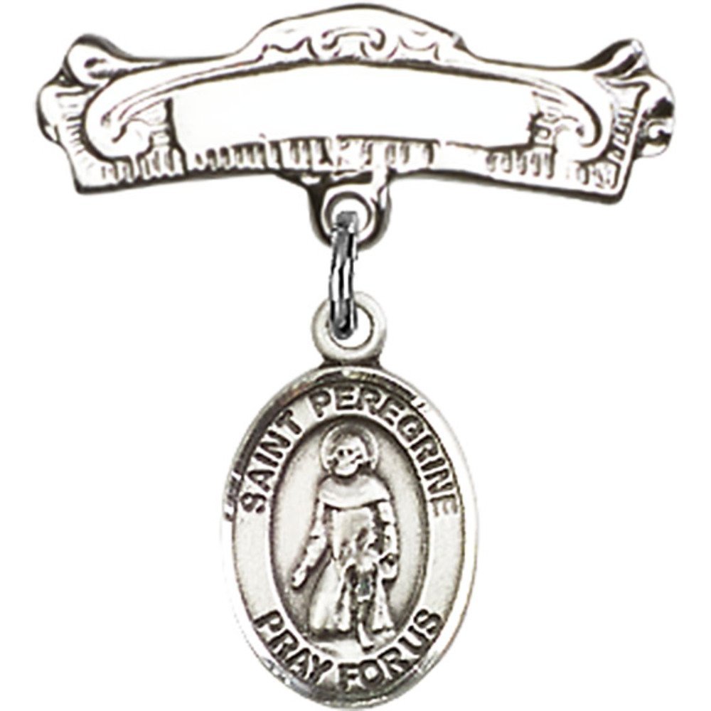 Sterling Silver Baby Badge with St. Peregrine Laziosi Charm - 7/8 X 7/8 Inch Arched Polished Pin - Religious Jewelry Gift for Baptism, First Communion & Baby Blessing Ceremonies