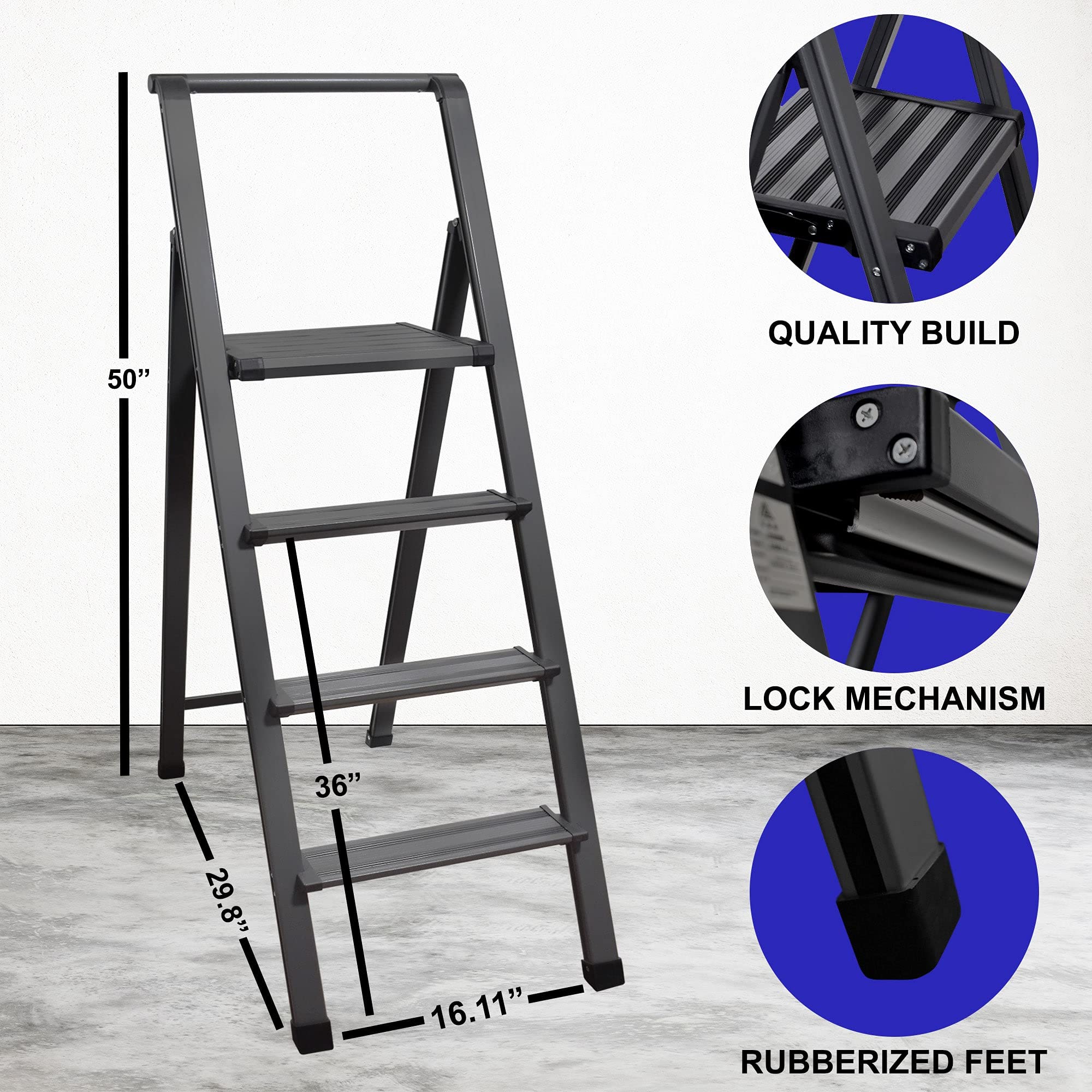 4 Step Folding Ladder - Modern Grey Aluminum Step Stool with Anti-Slip Steps | Ultra Slim & Sturdy Portable Design for Home, Office, Kitchen | Perfect for Photography, Shelving & DIY Projects | by SORFEY