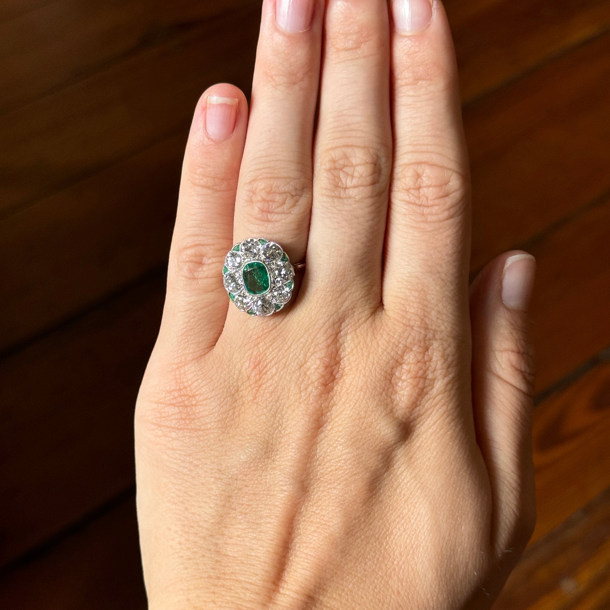 Vintage Art Deco Cushion Emerald & Old Mine Cut Diamond Cluster Platinum Ring – Perfect for Weddings, Anniversaries & Special Occasions