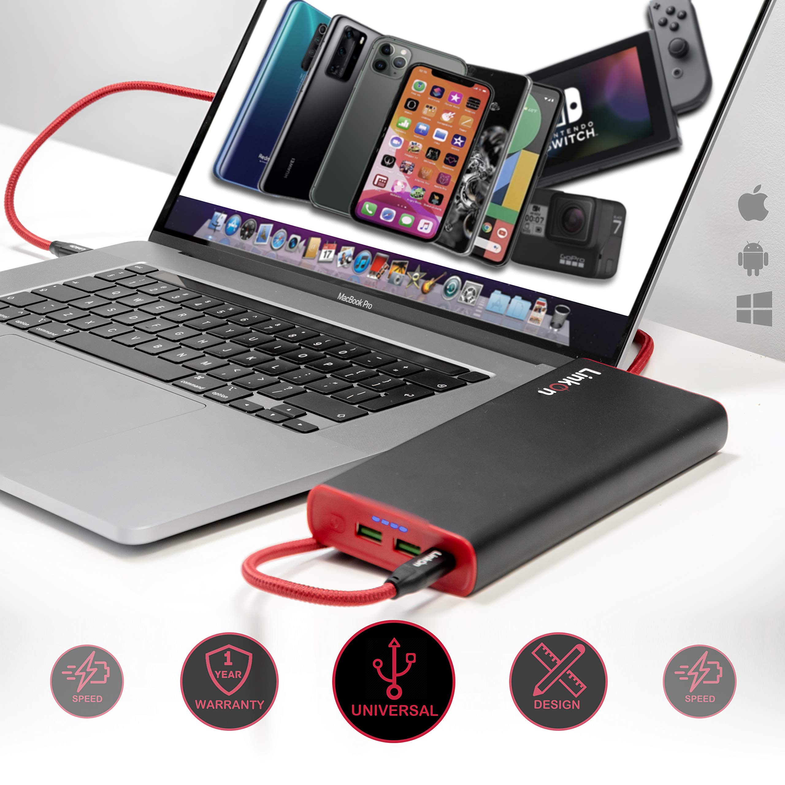 LinkOn 136W 26800mAh Power Bank with 100W USB-C PD3.0 & Dual 18W USB-A QC3.0 Ports - Fast Charging External Battery for MacBook, Dell, HP, Surface, Chromebook - Perfect for Travel, Work, and Emergency Power Backup