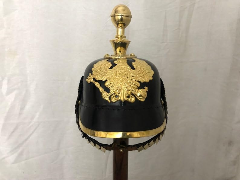 Authentic Black German Pickelhaube Helmet with Brass Badge - Prussian Military Helmet for LARP, Reenactment & Cosplay | Perfect Historical Costume Accessory & Unique Gift for Men | Great for Theater Performances, Halloween & WWI Events