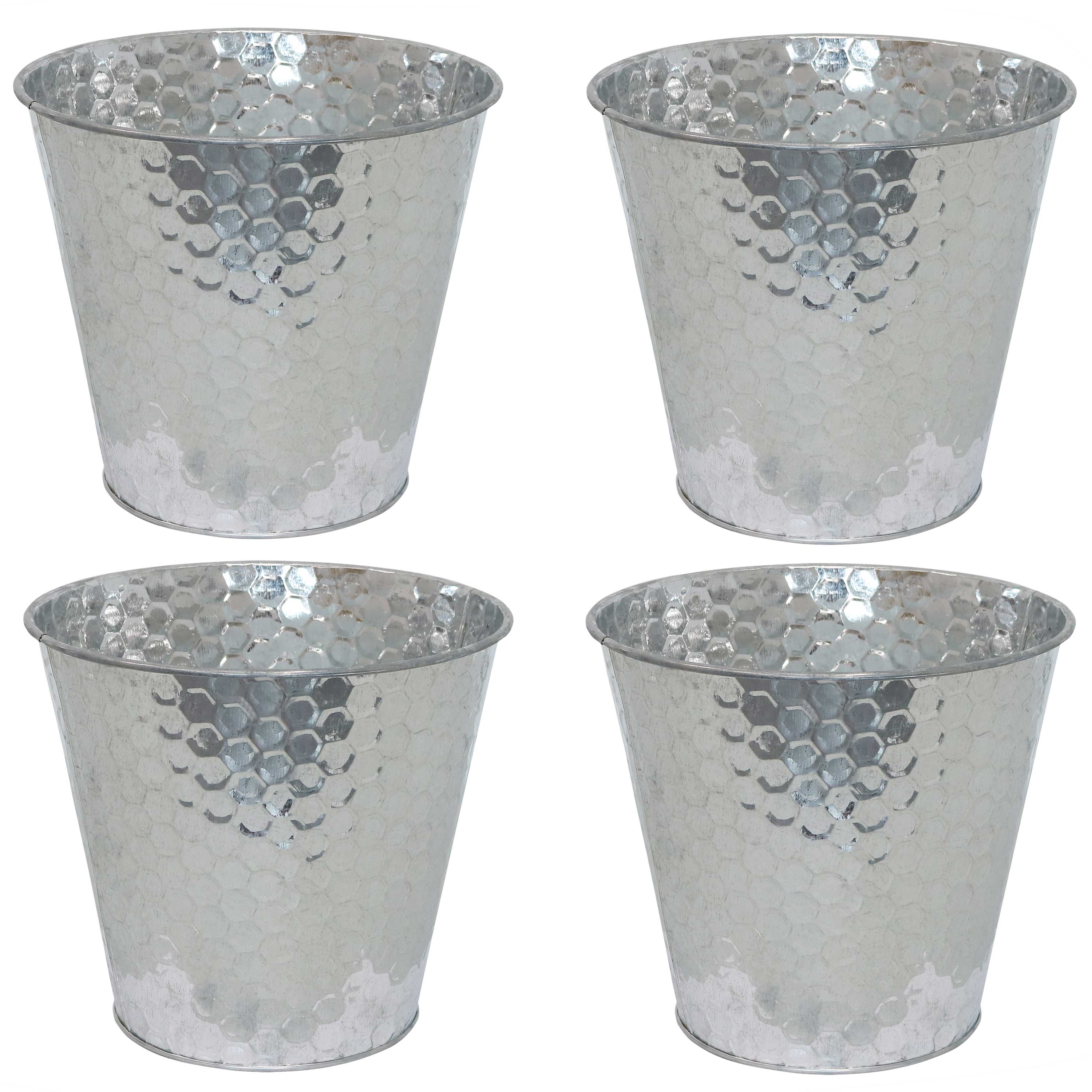 Galvanized Steel Buckets with Hexagon Pattern - Set of 4 Rust-Proof Decorative Pails for Farmhouse, Garden & Outdoor Decor | Perfect for Planters, Storage & Home Organization
