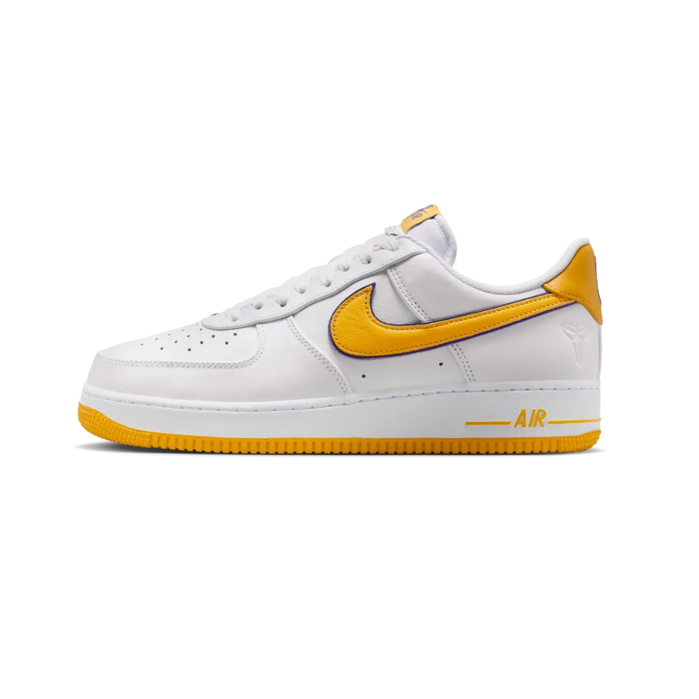 Nike Air Force 1 Low Retro QS Kobe Bryant Lakers Home Sneakers - White, Varsity Maize & Purple Basketball Shoes for Men | Perfect for NBA Games, Streetwear & Sneaker Collection
