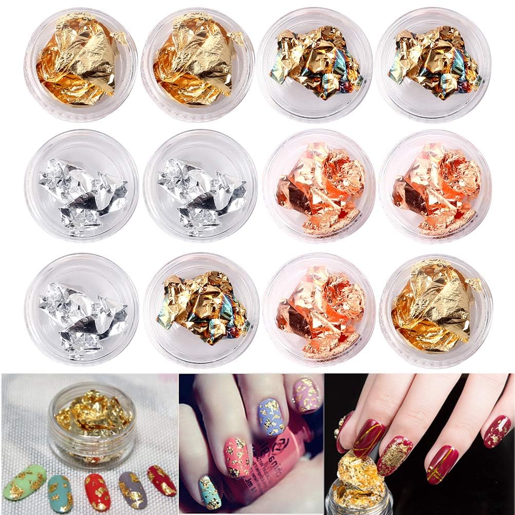 D.B.Z.® 12 Pack Gold Silver Copper Nail Foils - Shimmering Glitter Flakes & Sequins for Nail Art Designs | DIY Manicure, Salon, Party & Special Occasion Nail Decorations