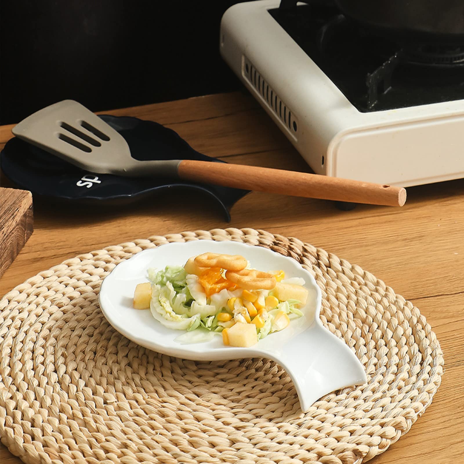 Premium Ceramic Spoon Rest for Kitchen Counter - Large Stove Top Spatula & Ladle Holder - White Kitchen Utensil Organizer (Perfect for Cooking, Baking & Keeping Countertops Clean)