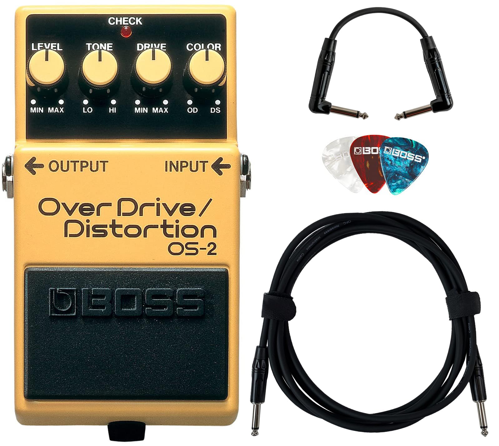 Boss OS-2 OverDrive/Distortion Pedal Bundle with 10ft Guitar Cable, 6in Patch Cable & Picks - Perfect for Electric Guitarists, Live Performances & Studio Recording