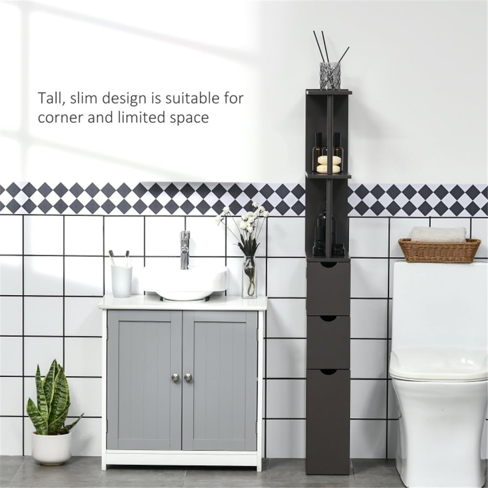 Tall Bathroom Storage Cabinet with 2 Open Shelves, 1 Cabinet & 2 Drawers - Slim Freestanding Linen Tower Organizer - Anti-Tipping Design for Bathroom, Laundry Room or Bedroom - Black