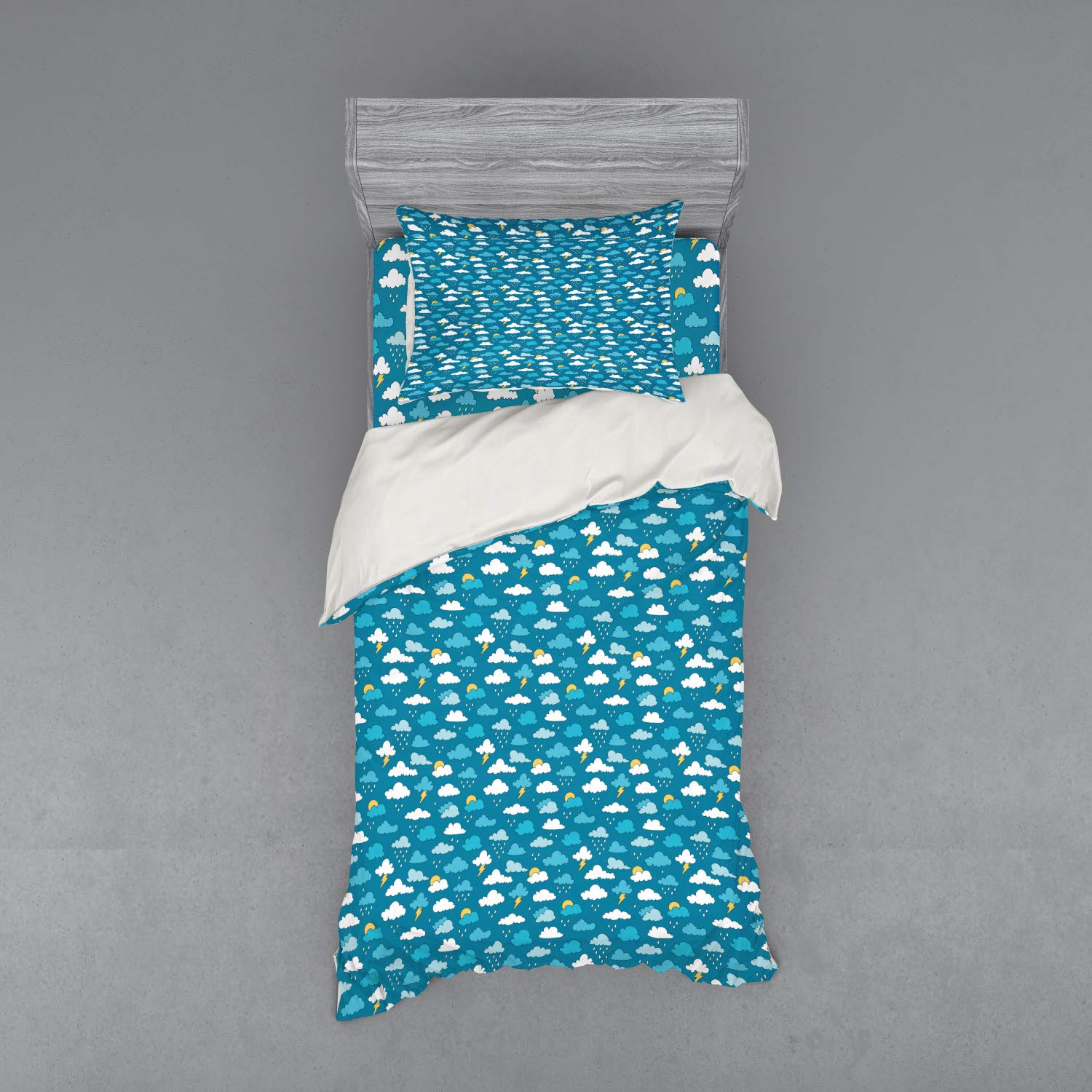 Ambesonne Cartoon Duvet Cover Set - Raindrops Clouds with Sun Stormy Weather Thunder Lightning Sky Design, 3 Piece Bedding Set with Sham & Fitted Sheet, Twin Size, Sea Blue White Mustard - Perfect for Kids Room, Guest Bedroom, or Themed Decor