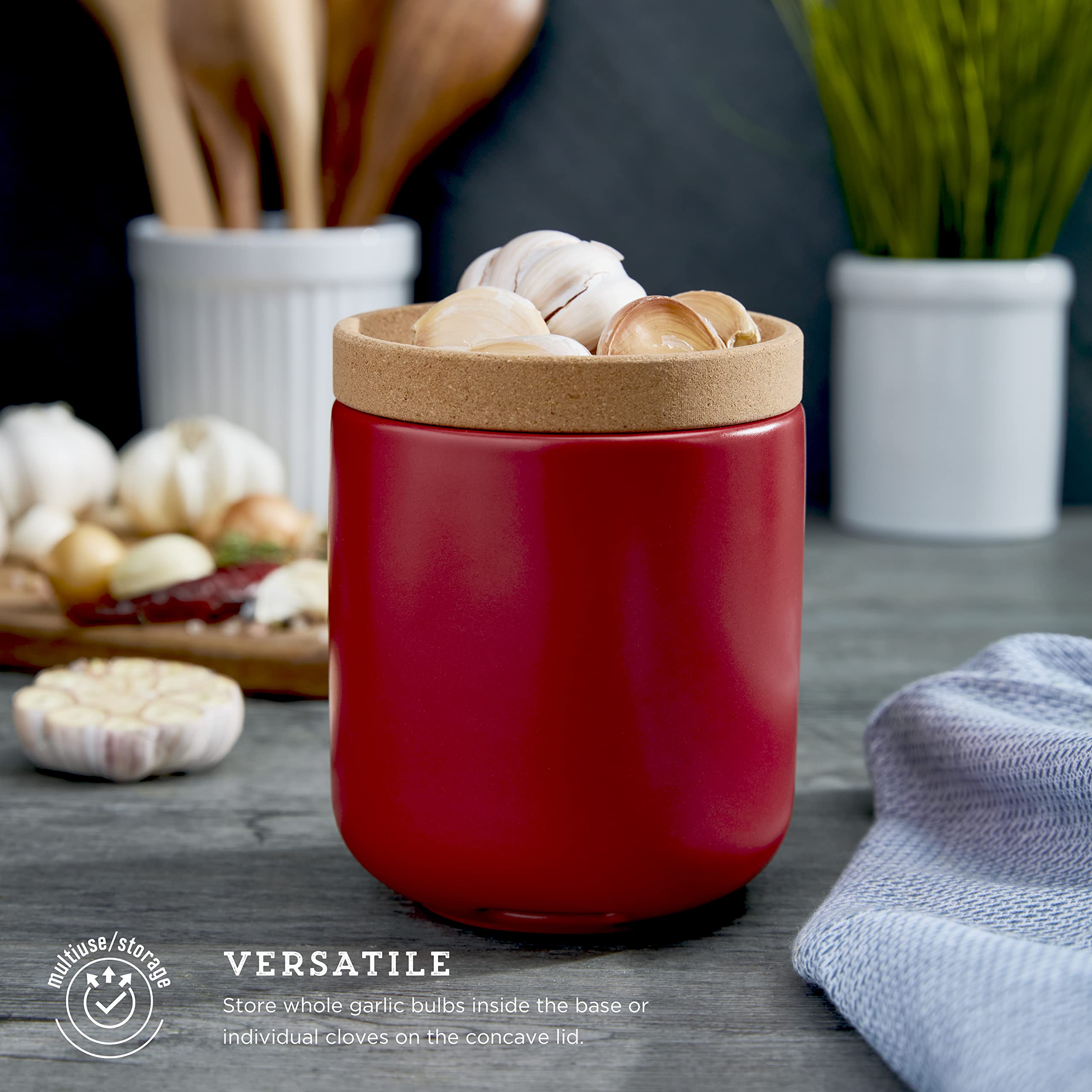Ceramic & Cork Breathable Garlic Keeper - Stackable Space-Saving Design with Natural Cork Lid & Red Ceramic for Fresh Garlic Storage - Perfect for Kitchen, Pantry, and Countertop Organization