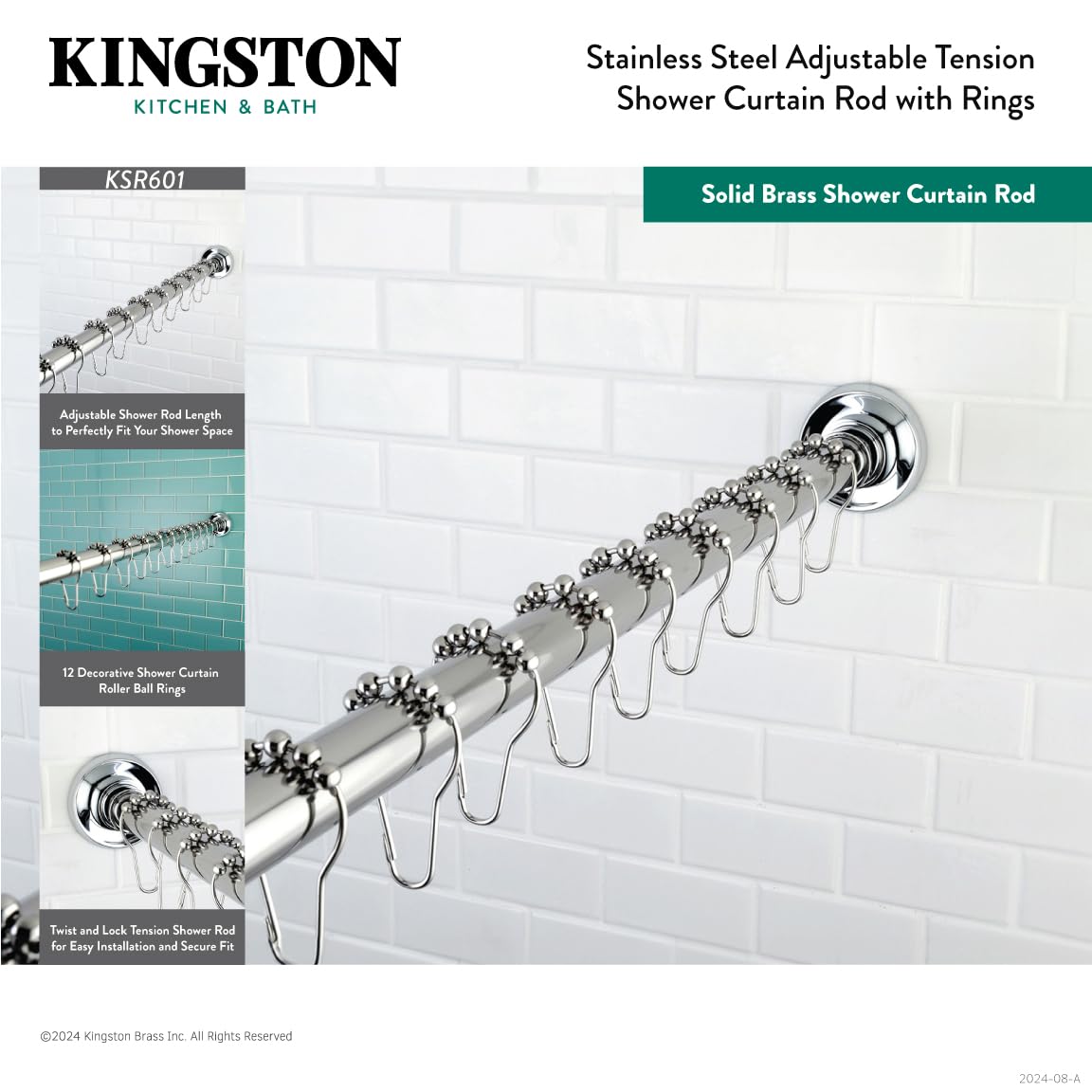 Kingston Brass KSR607 Edenscape 72-Inch Adjustable Stainless Steel Shower Curtain Rod with Rings - Brushed Brass Finish for Bathroom & Shower Decor - Perfect for Modern Homes, Apartments, and Hotels