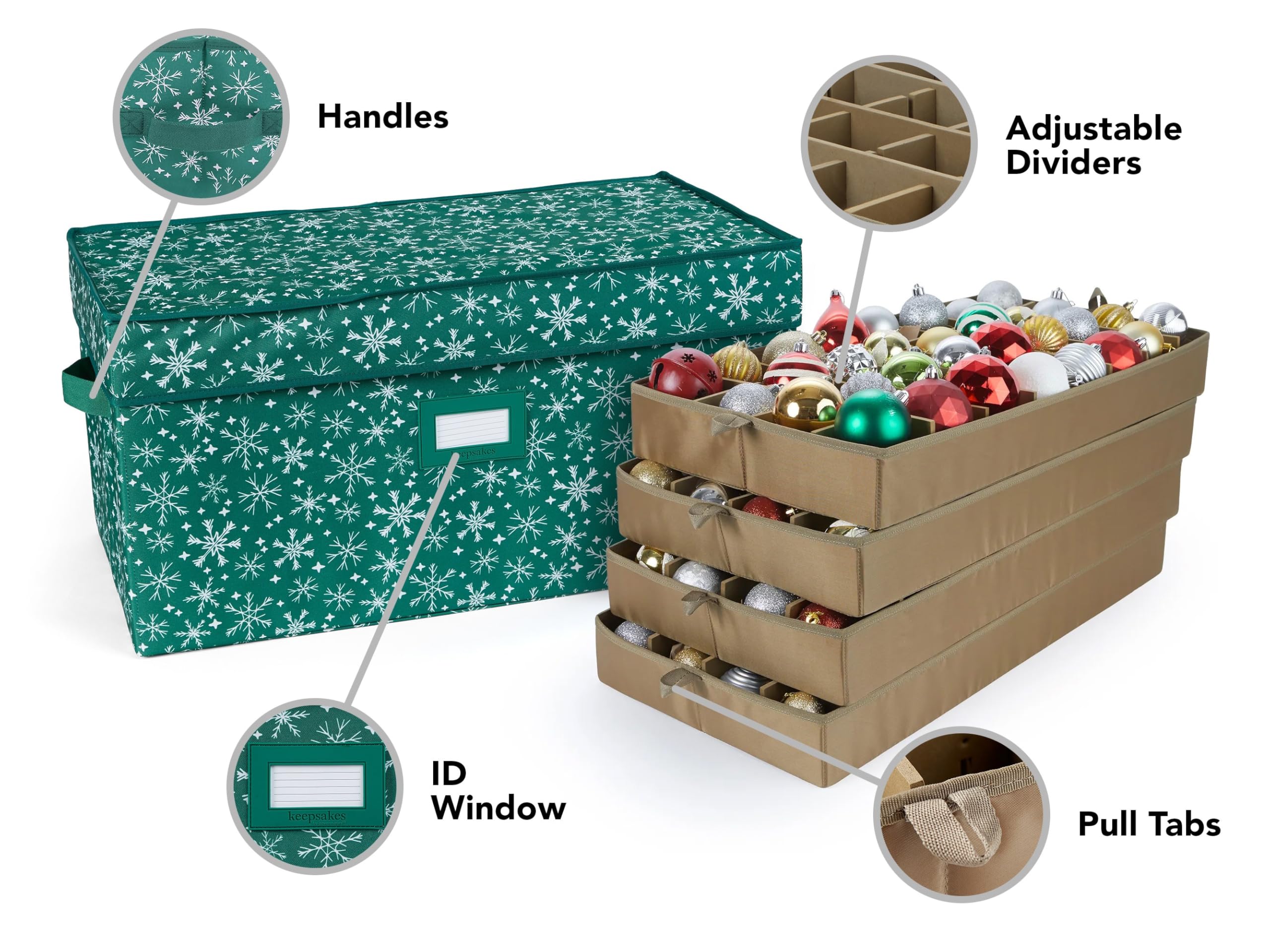 Covermates Adjustable Ornament Storage Box with Carrying Handles & Padded Protection - Holiday Decoration Organizer for Christmas Tree Ornaments (Green Snowflake Design) - Perfect for Seasonal Decor Storage and Safekeeping