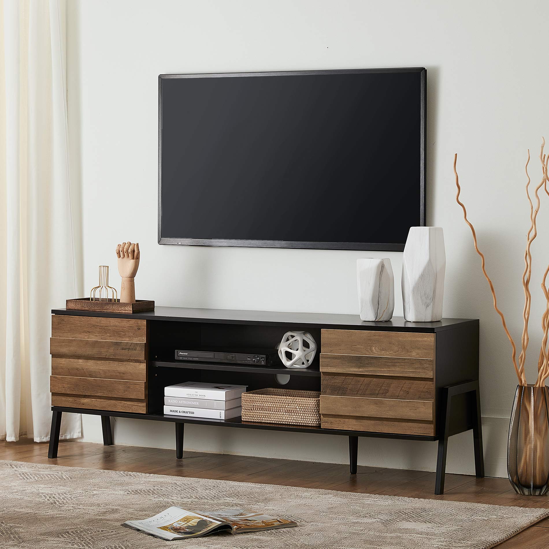 WAMPAT 60 Inch Retro TV Stand with Storage Cabinet for 65+ Inch TVs - Mid Century Modern TV Console Table with Metal Legs & Wood Entertainment Center - Black/Brown - Perfect for Living Room & Bedroom | Home Theater Setup & Media Storage Solution