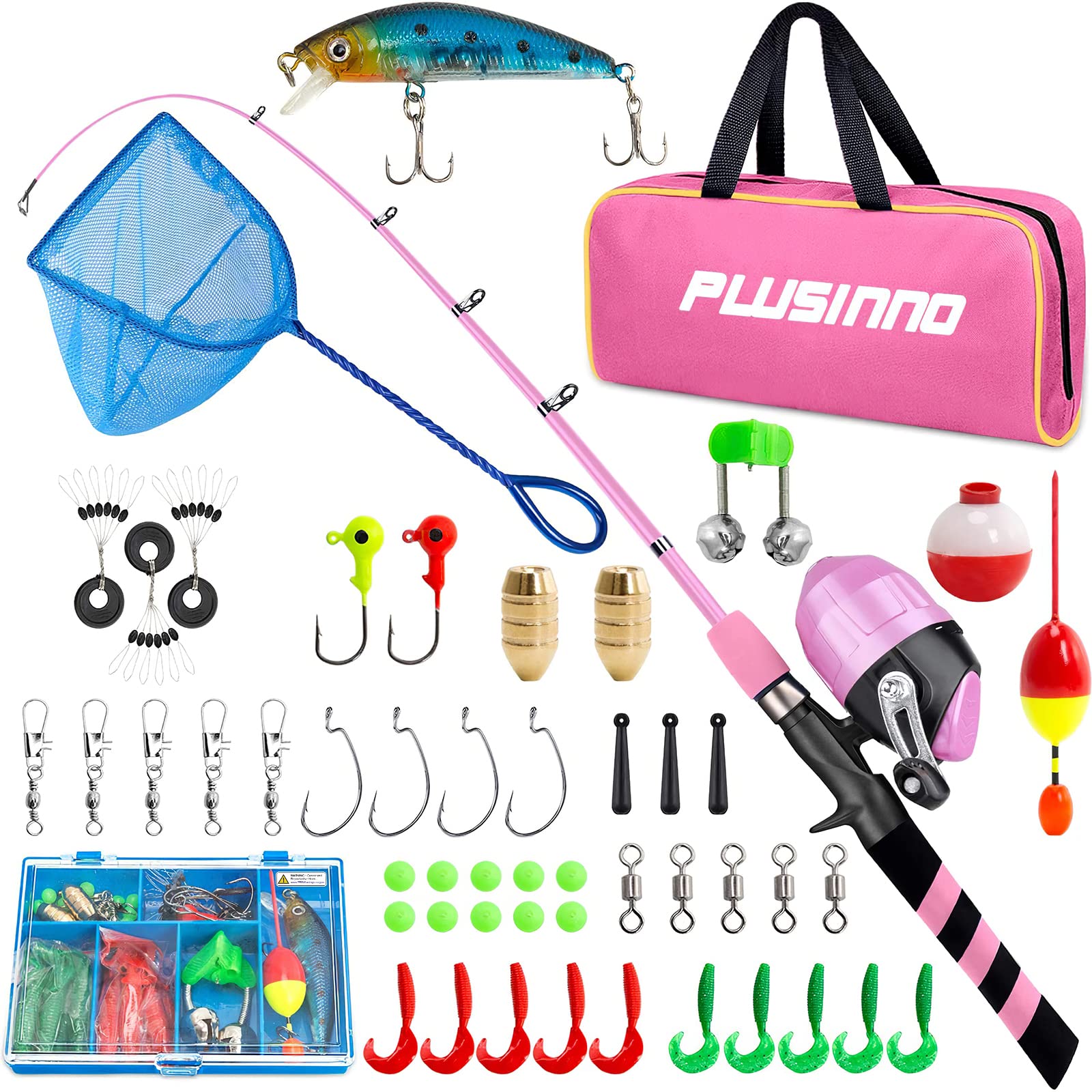 PLUSINNO Kids Fishing Pole - Telescopic Fishing Rod and Reel Combo Kit with Tackle Box | Portable Spincast Fishing Gear for Boys, Girls & Youth | Perfect for Camping, Beach & Outdoor Adventures