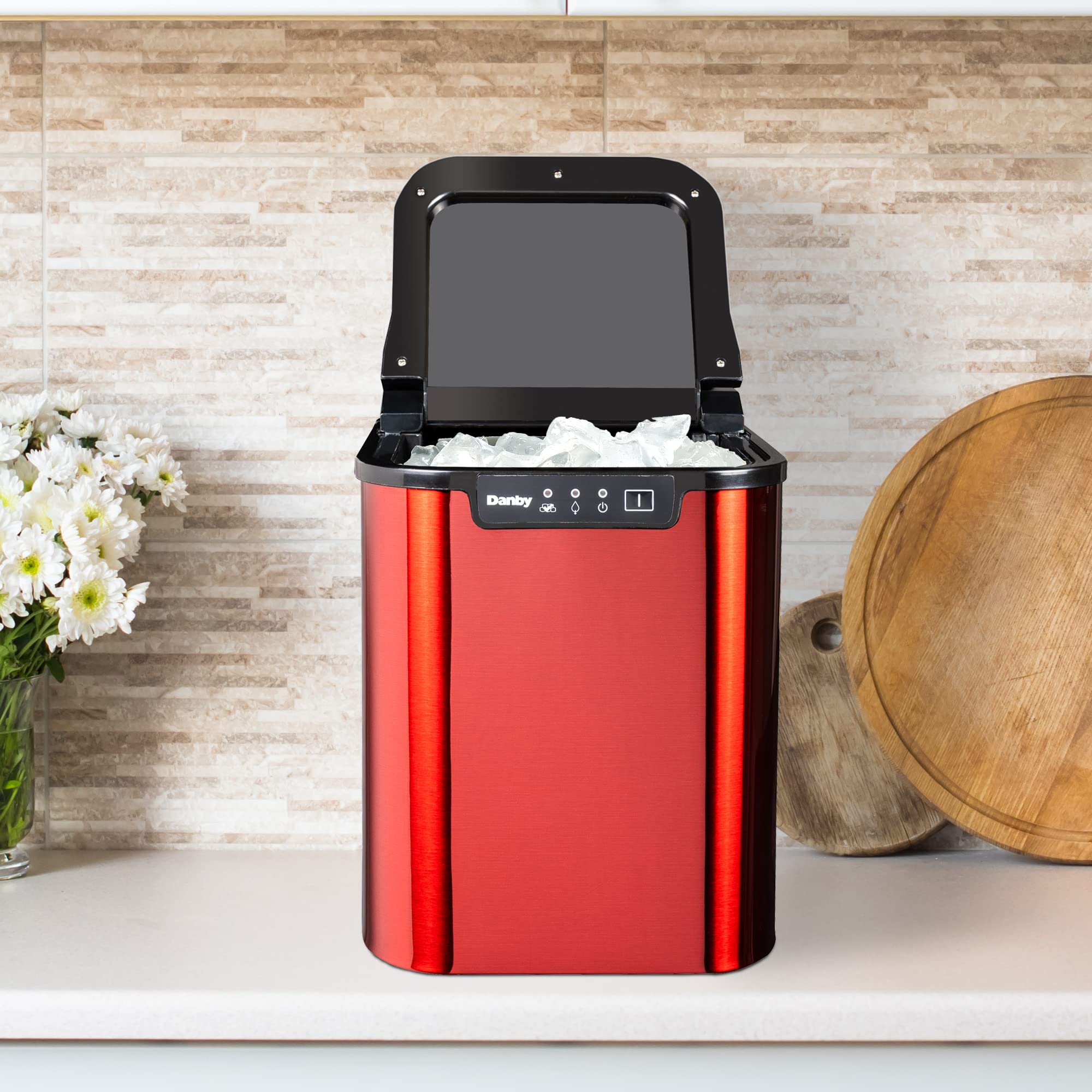 Danby DIM2500RDB 25 lbs/24Hrs Countertop Ice Maker with Electronic Controls, LED Display & Self-Clean Function - Compact Red Ice Machine for Home, Office, Party & RV Use (Holds 2 lbs of Ice)