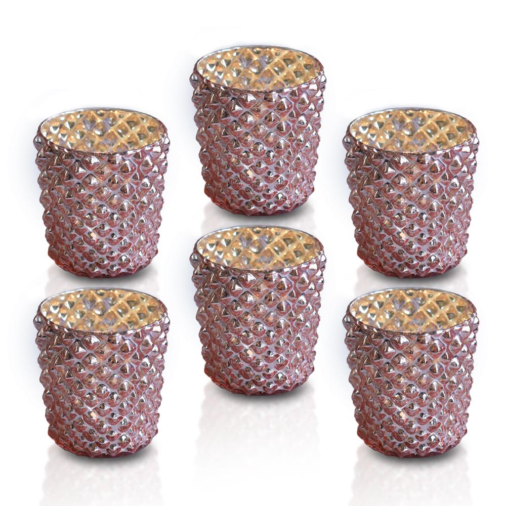 6 Pack Zariah Rose Gold Pink Mercury Glass Tealight Holders - Elegant Votive Candle Holders for Home Decor, Wedding Centerpieces & Party Decorations - Perfect for Romantic Dinners, Holiday Tablescapes & Special Events
