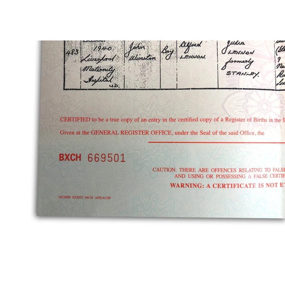 John Lennon Authentic Certified UK Birth Certificate Copy - Beatles Memorabilia for Collectors & Fans - Perfect for Displays, Gifts & Beatles History Enthusiasts