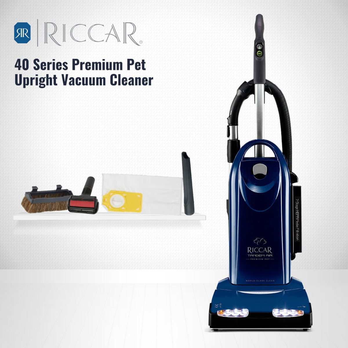 Riccar Tandem Air Premium Pet Upright Vacuum Cleaner (R40P.6) - Powerful Suction for Pet Hair Removal on Carpets & Hard Floors