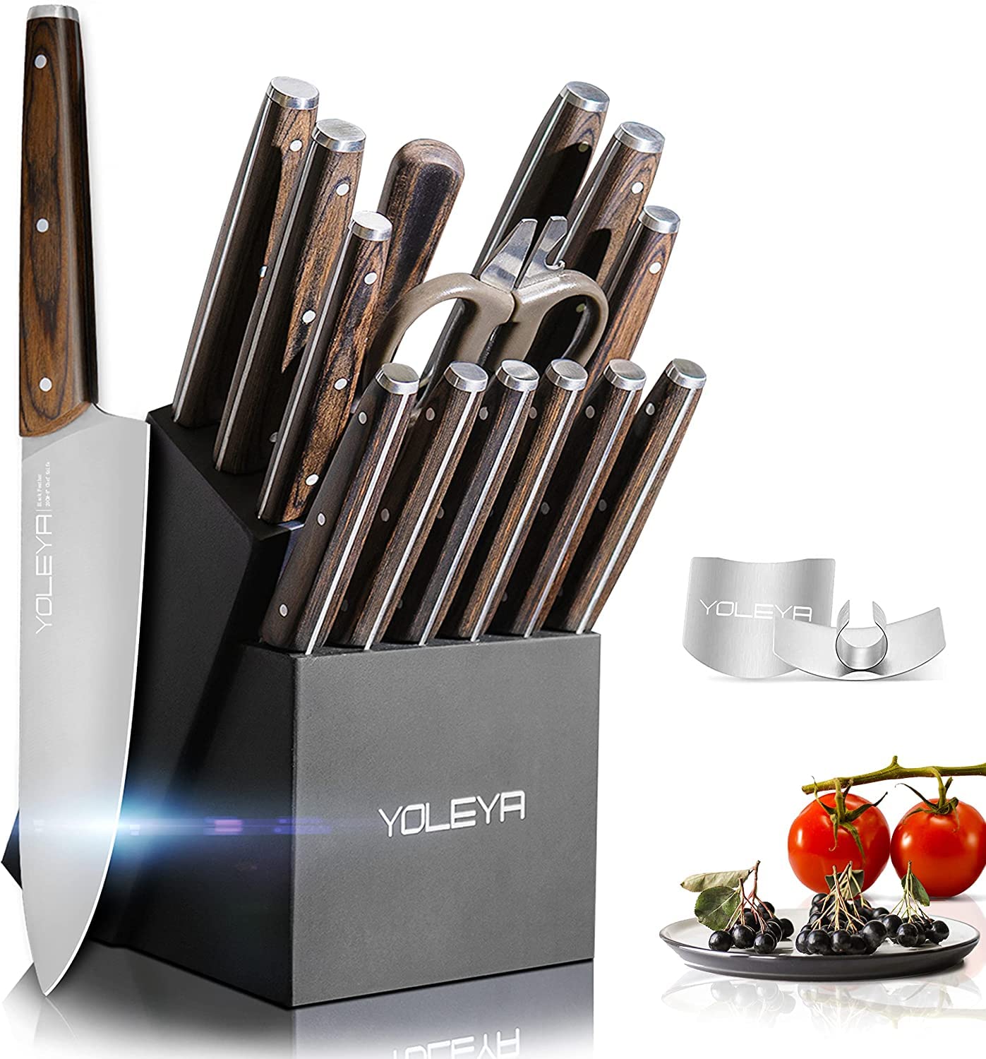 15-Piece German High Carbon Stainless Steel Chef Knife Set with Wooden Block - Professional Kitchen Knives for Cooking, Slicing, Dicing - Perfect for Home Chefs, Restaurants & Culinary Gifts