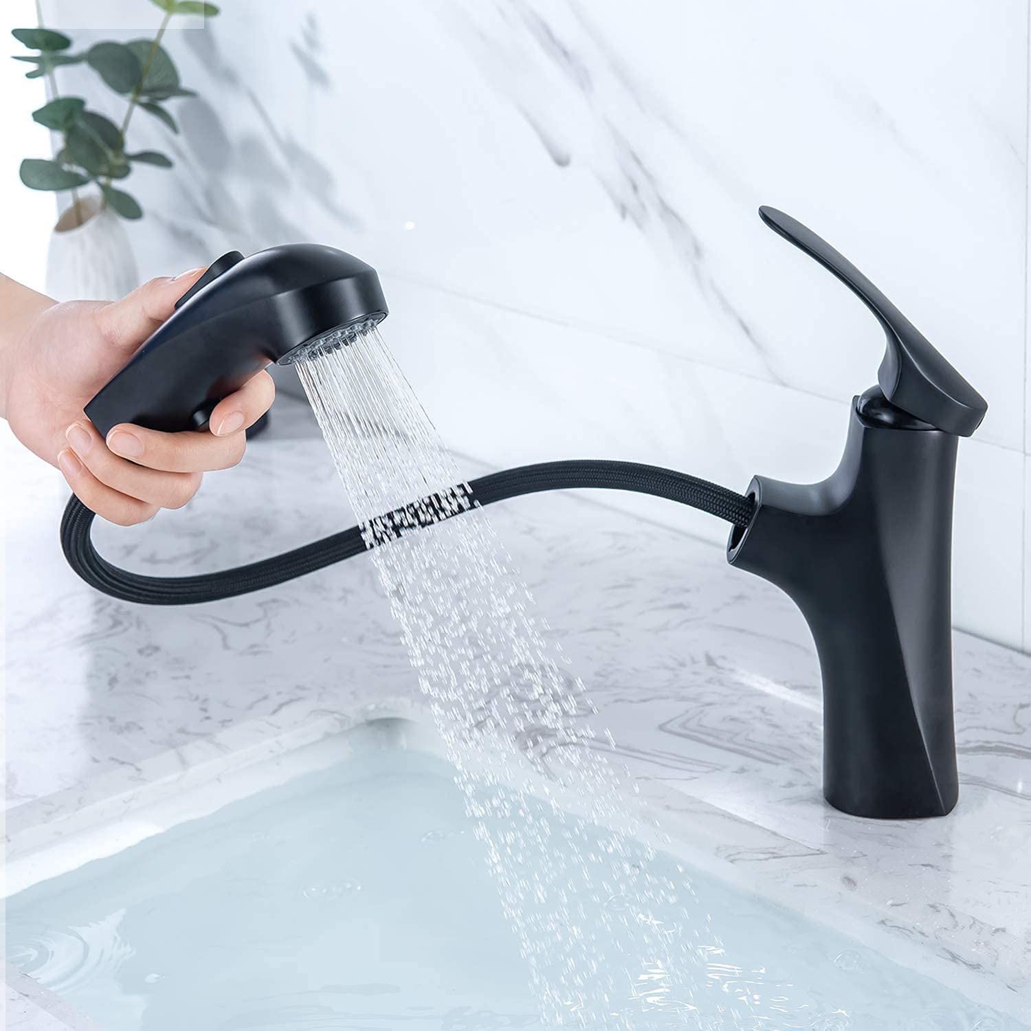 ZGGYA Modern Single Hole Bathroom Sink Faucet - Brushed Nickel Finish, Pull Out Sprayer with 3 Modes, Farmhouse Style Vanity Faucet for Bathroom & Powder Room (Perfect for Guest Baths, Master Suites & Small Spaces)