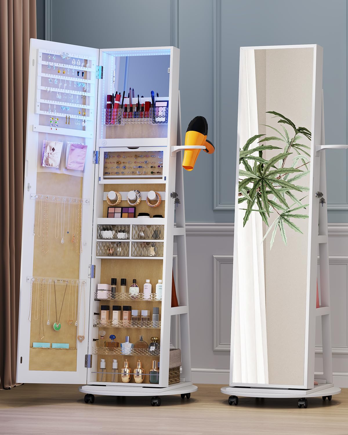 Full Length Mirror with Jewelry Storage - 360° Rotating Jewelry Armoire Organizer with LED Lights & Lockable Cabinet - Standing Jewelry Mirror for Bedroom, Dressing Room & Christmas Gifts (White)