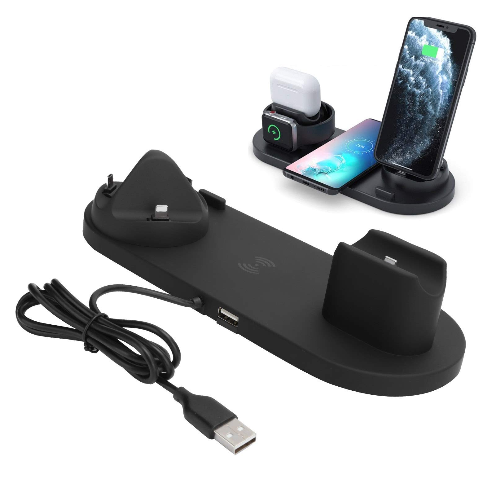 6-in-1 Fast Wireless Charging Station with 360° Rotation - Qi Certified Charger for iPhone, Samsung, AirPods & Smartwatches - Perfect for Home, Office & Travel Charging Needs