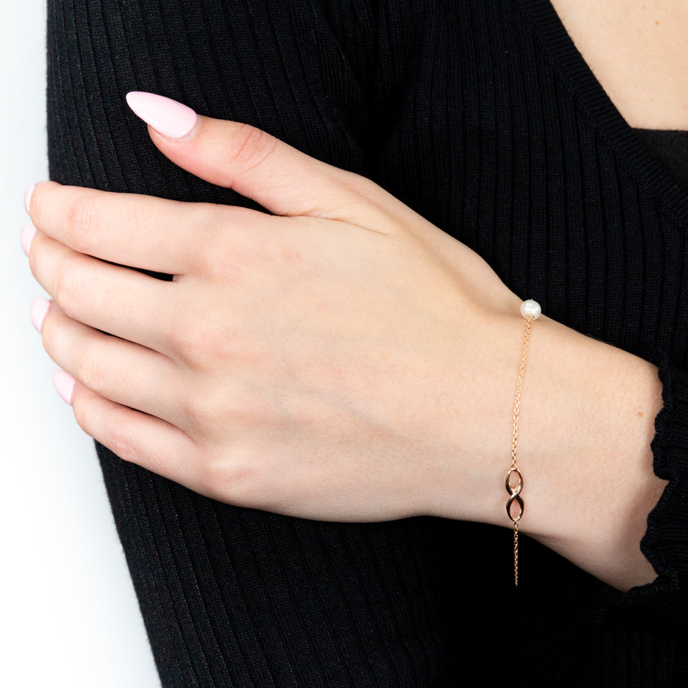 9ct Rose Gold 19cm Freshwater Pearl and Infinity Bracelet for Women - Elegant Pearl Jewelry Gift for Anniversary, Birthday & Special Occasions