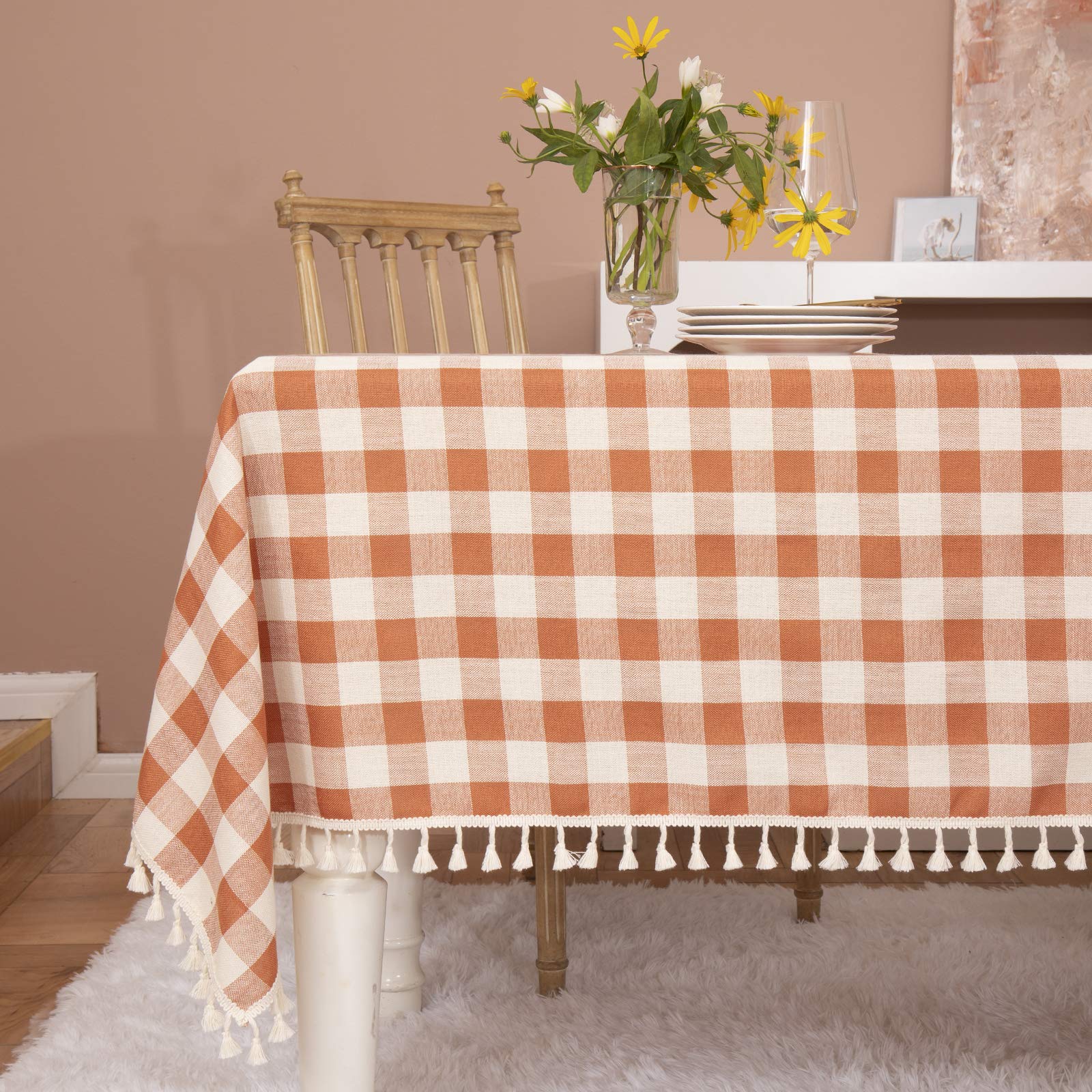 Rustic Gingham Cotton Tablecloth - Buffalo Plaid Kitchen Table Cover for Fall, Thanksgiving & Christmas Decor - 55x102 Inch Rectangle Orange Table Cloth - Perfect for Holiday Dining, Restaurant Decor & Outdoor Picnic Parties