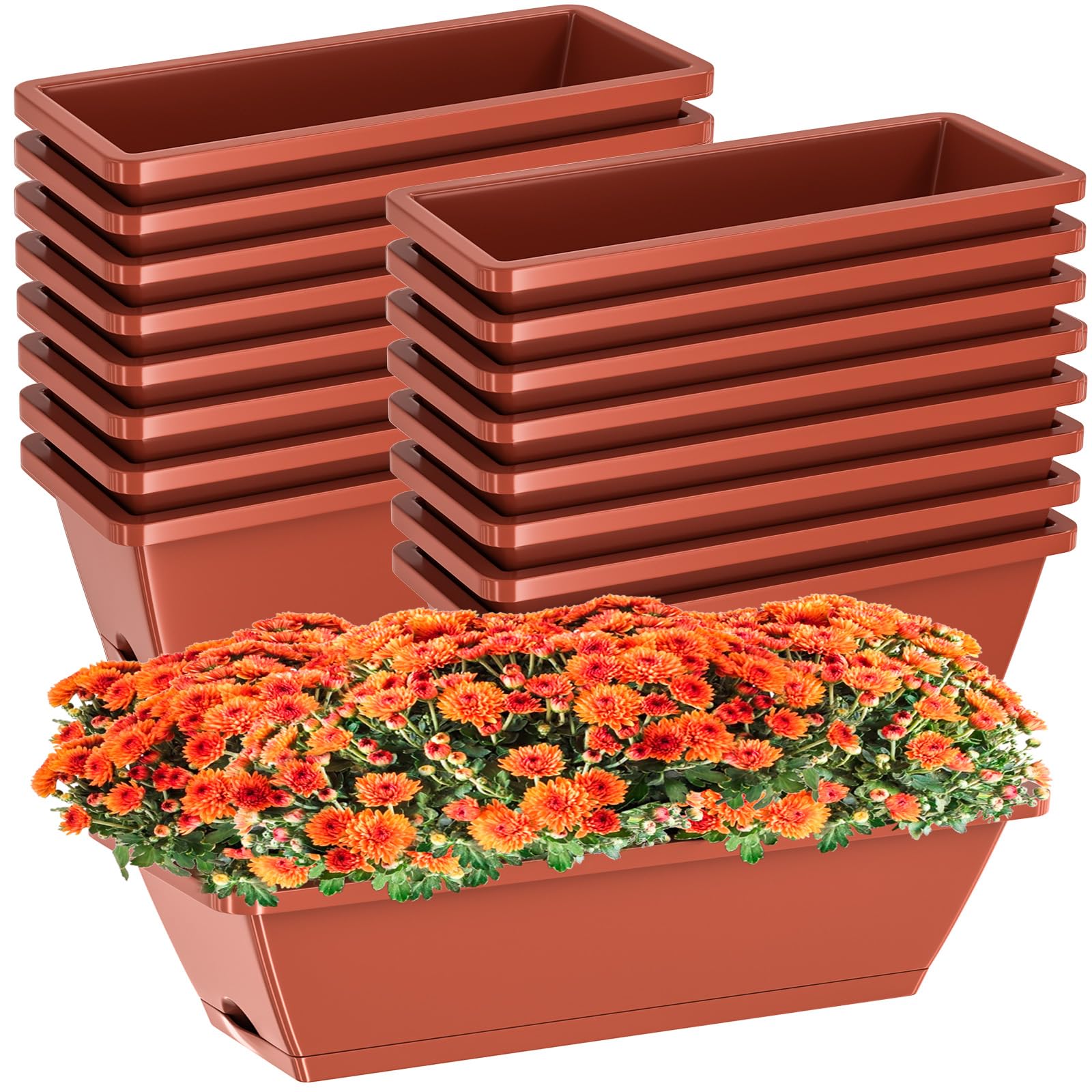 16 Pcs Rectangle Window Box Planters - 17 Inch Long Plastic Window Sill Planter Box for Indoor/Outdoor Use with Drainage Holes & Trays - Perfect for Herbs, Flowers, Succulents on Garden Windowsills, Balconies, and Patios
