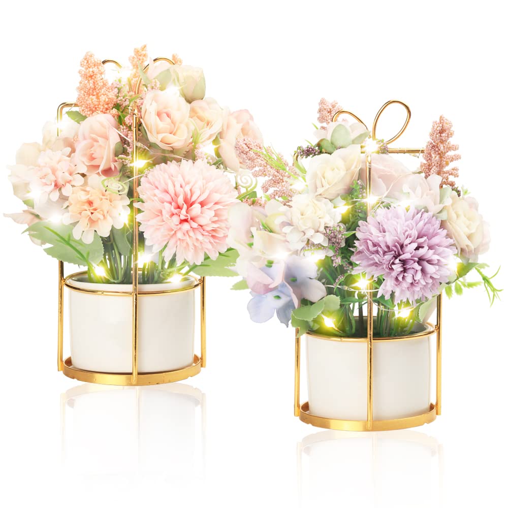 BEGONDIS Set of 2 LED Artificial Flowers Potted Fake Pink and Purple Flowers - Hanging Potted Plants for Home, Living Room, Office, Party Decor - Perfect for Indoor Decorations, Wedding Centerpieces & Gift Ideas