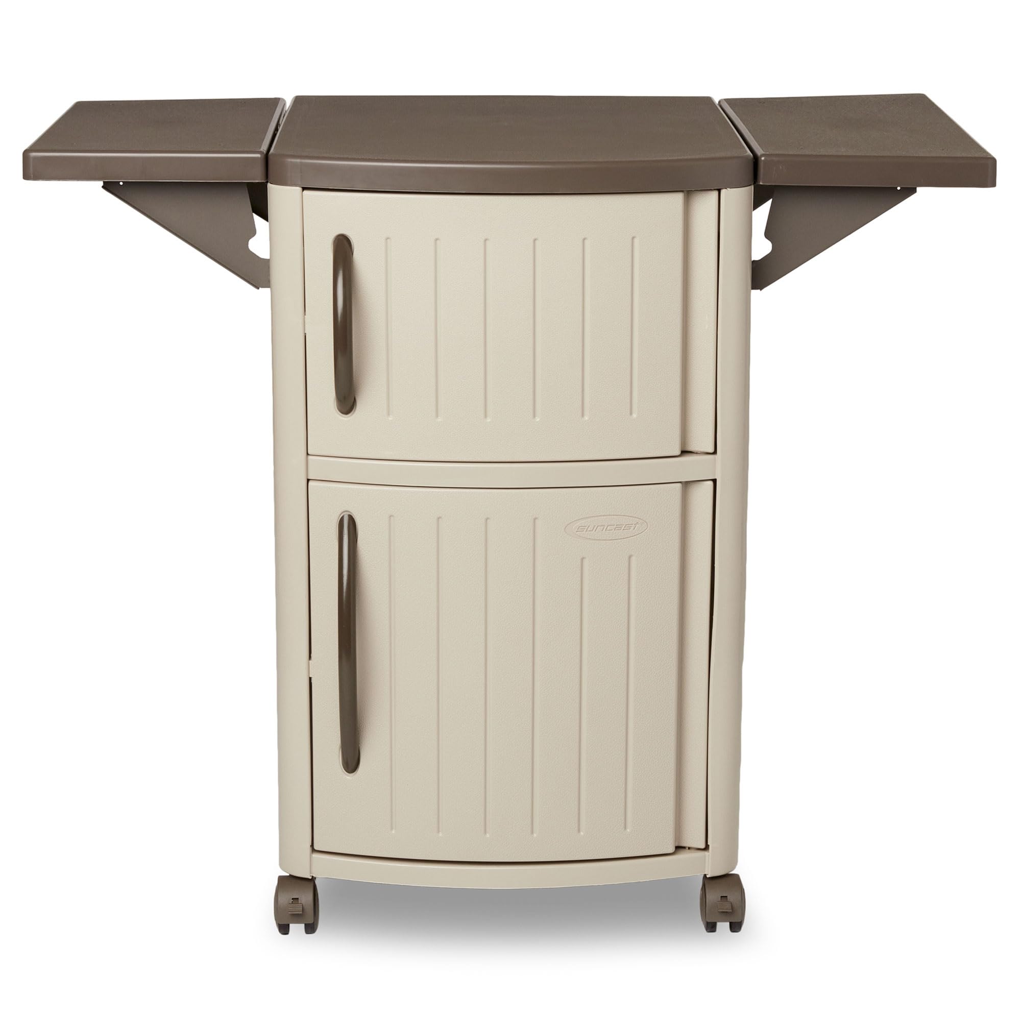 Suncast Outdoor Patio Grill Prep Station Cart with 2 Storage Cabinets - Light Taupe/Mocha - Perfect for Backyard BBQs, Outdoor Cooking & Patio Organization