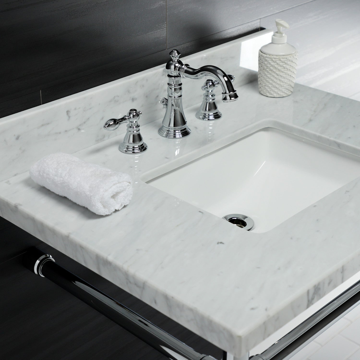 Dreyfuss 30 Inch Carrara Marble Bathroom Vanity Top with Stainless Steel Legs (8 Inch Height, 3 Hole Faucet) - Perfect for Modern Bathroom Renovations & Luxury Home Decor