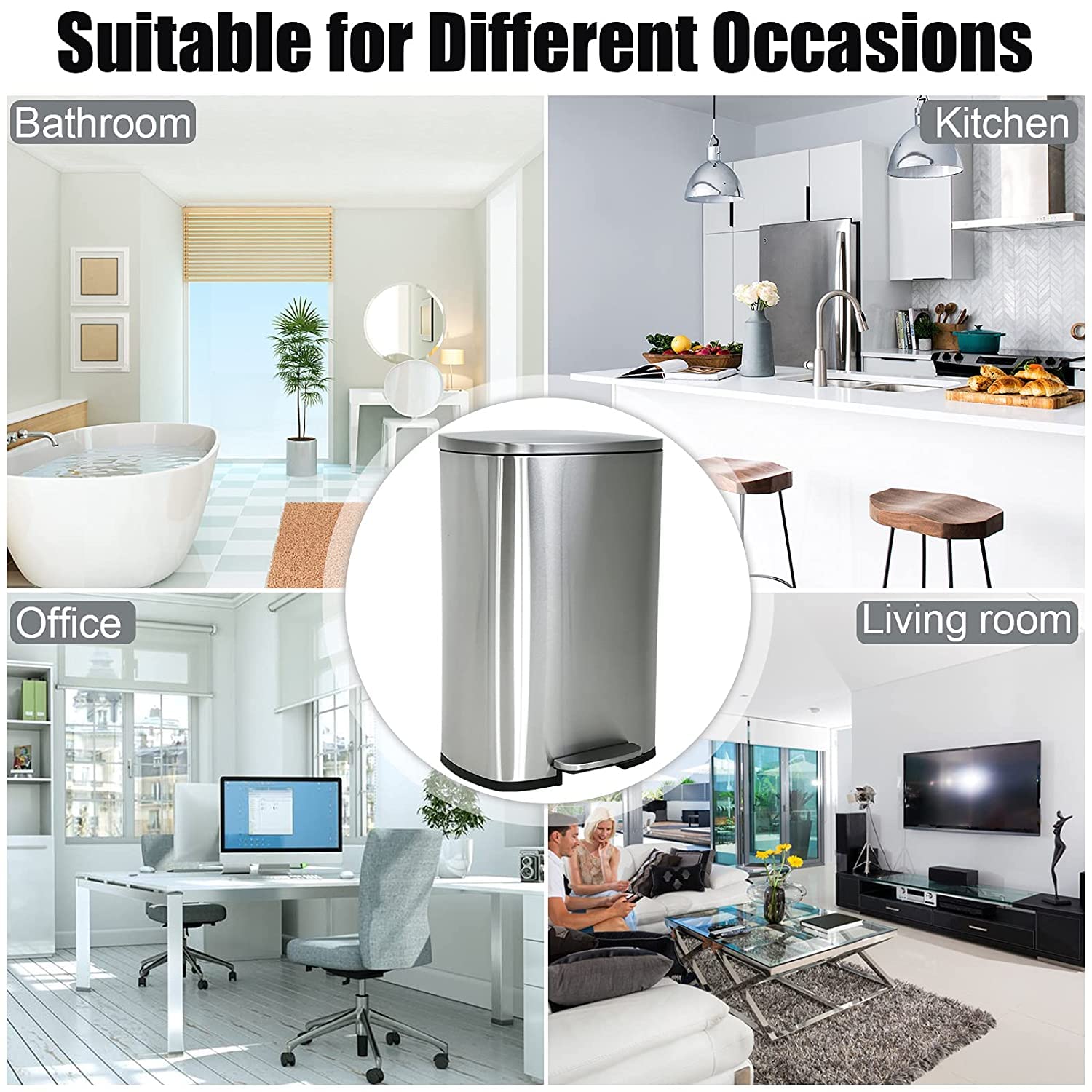 13 Gallon Stainless Steel Step Trash Can with Lid - Silver Kitchen Garbage Bin for Home, Office & Restaurant Use