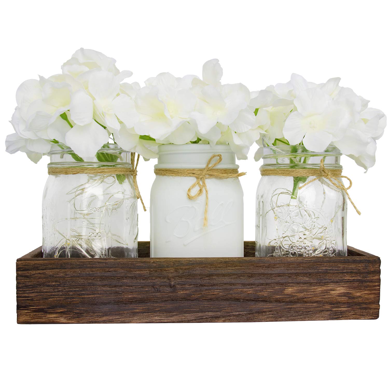 Farmhouse Mason Jar Lights with Wood Tray - 3 Mason Jar Centerpiece for Dining Table, Coffee Table, Kitchen Decor | Rustic Wedding, Party, Home Decor for Living Room & Farmhouse Style