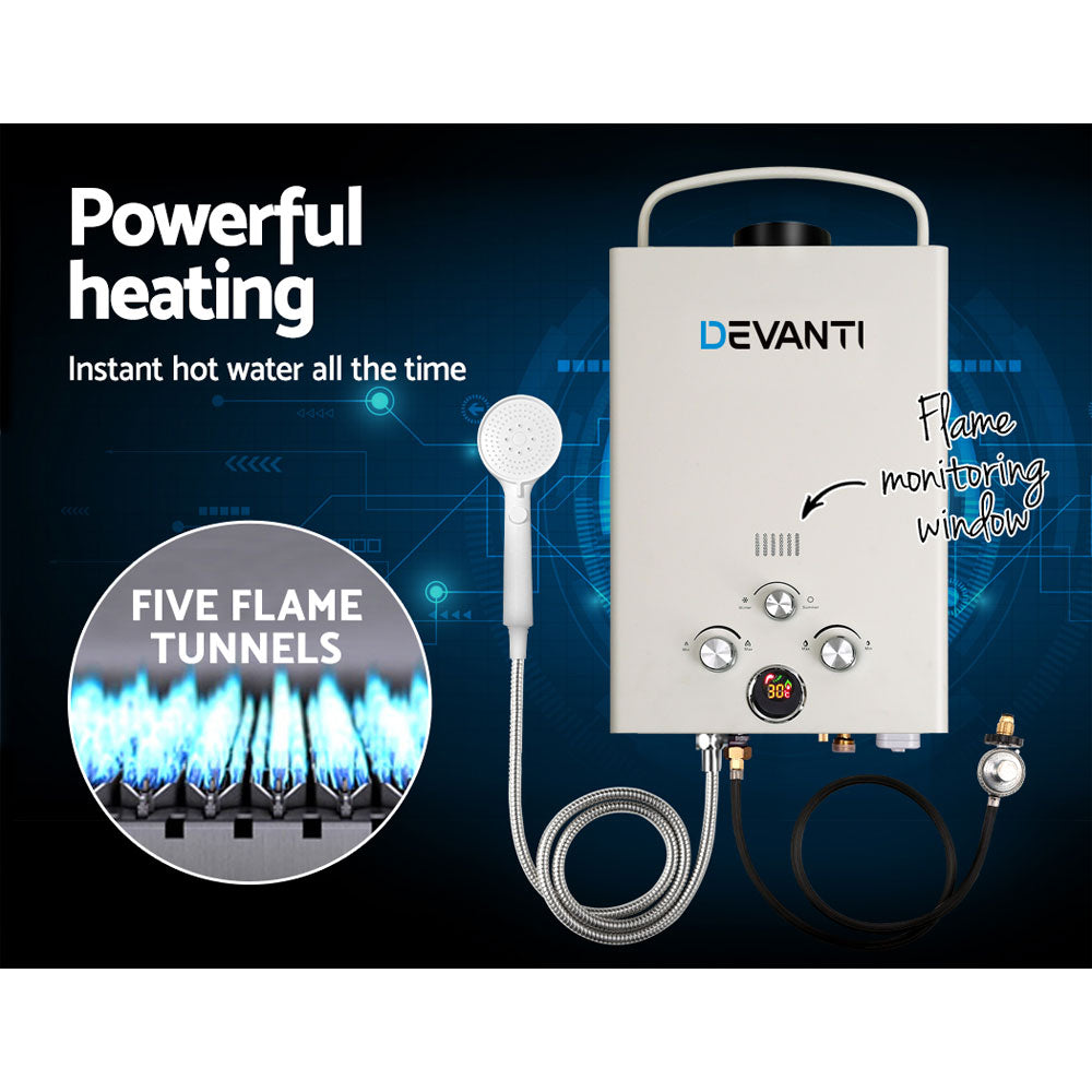 Devanti 8L/Min Portable Gas Water Heater - LPG System for Camping, RV & Outdoor Showers - Instant Hot Water On-The-Go (Grey)
