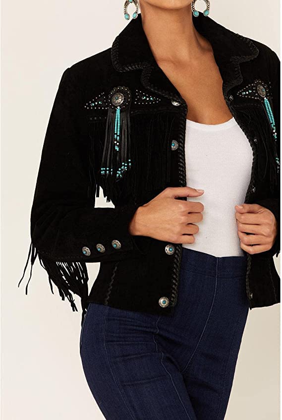 Western Genuine Leather Suede Jacket for Women - Native American Cowgirl Jacket with Beaded Boar & Fringe Tassels | Perfect for Rodeo, Country Music Festivals & Western Themed Parties